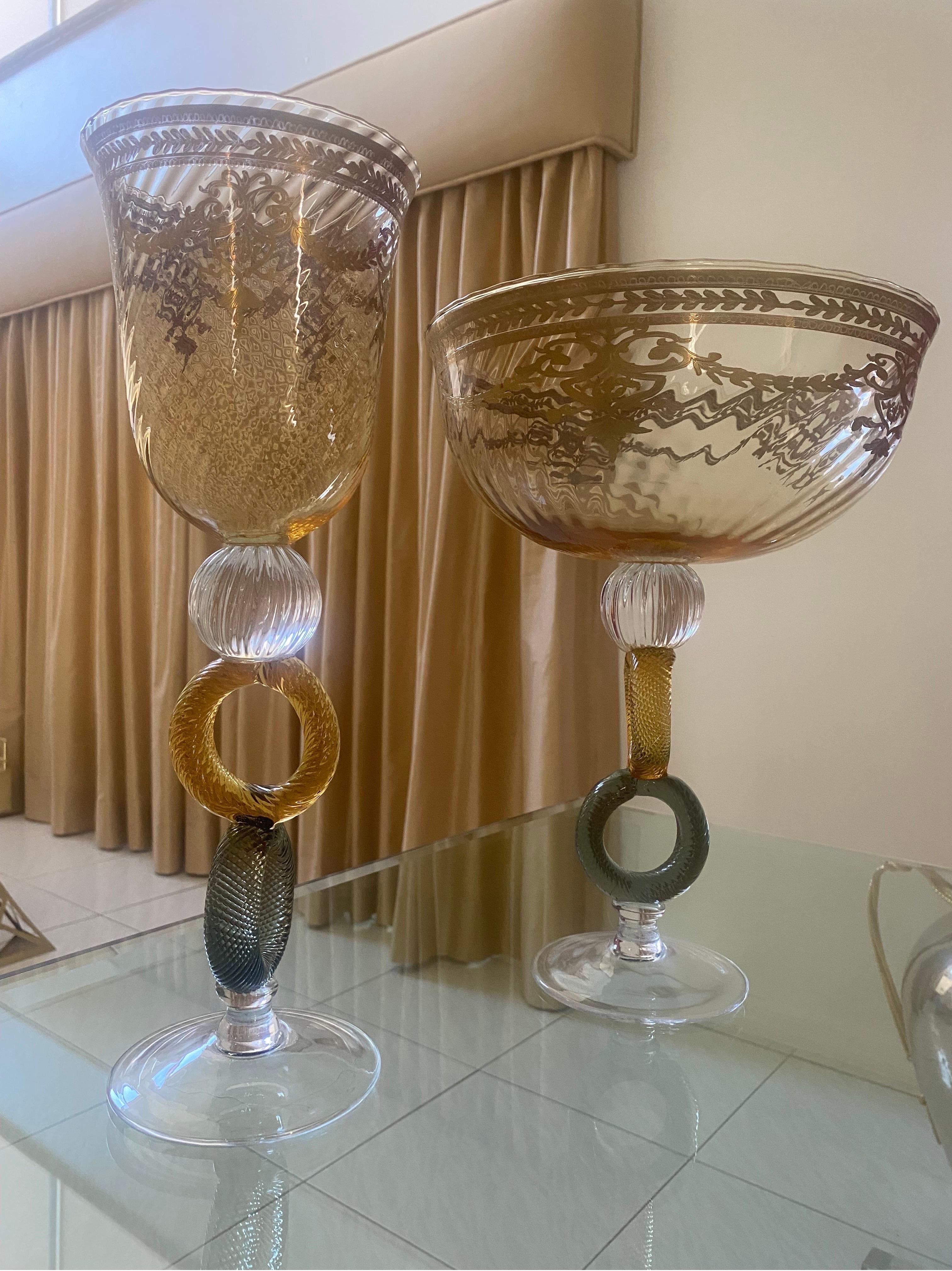 Pair of Italian Mid-Century Venetian Glass Art with Gold Trim For Sale 3