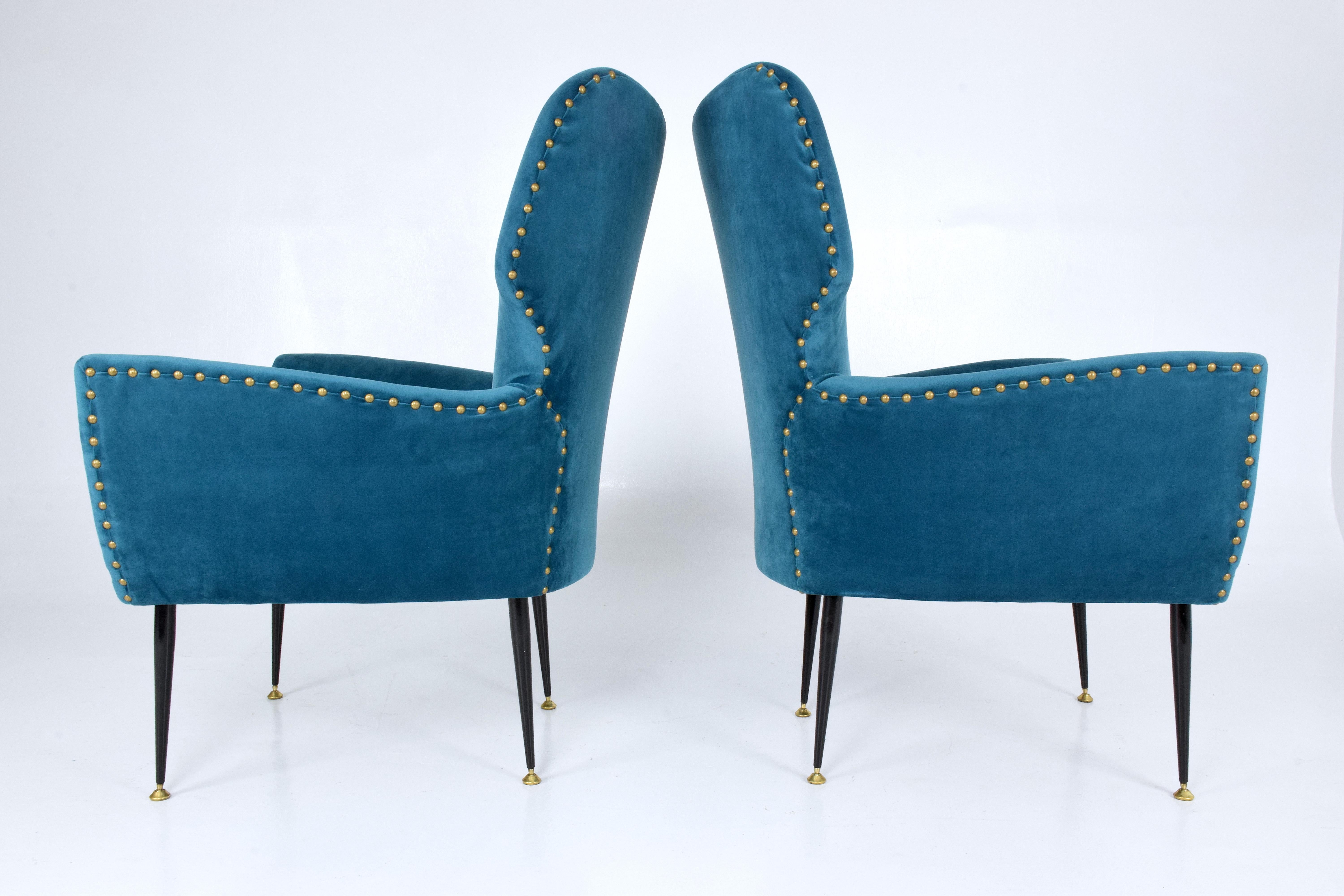 Lacquered Pair of Italian Midcentury Velvet Armchairs, 1950s
