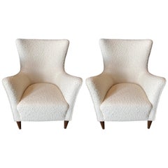 Pair of Italian Mid-Century Wingback Chairs in Creamy White Boucle