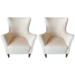 Vintage Pair of Italian Mid-Century Wingback Chairs in Creamy White Boucle