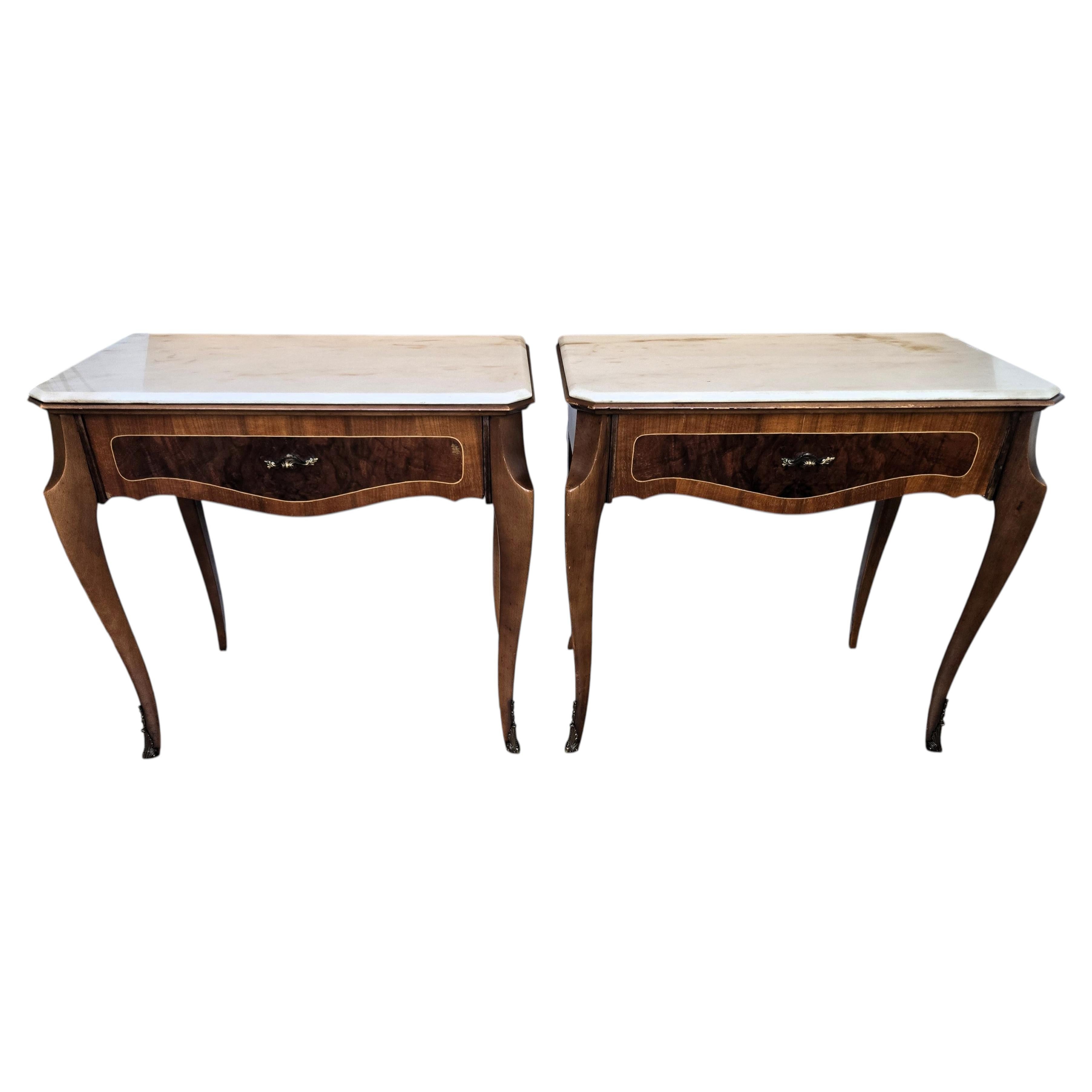 Pair of Italian Mid-Century Wood Marble Top Night Stands Bedside Tables