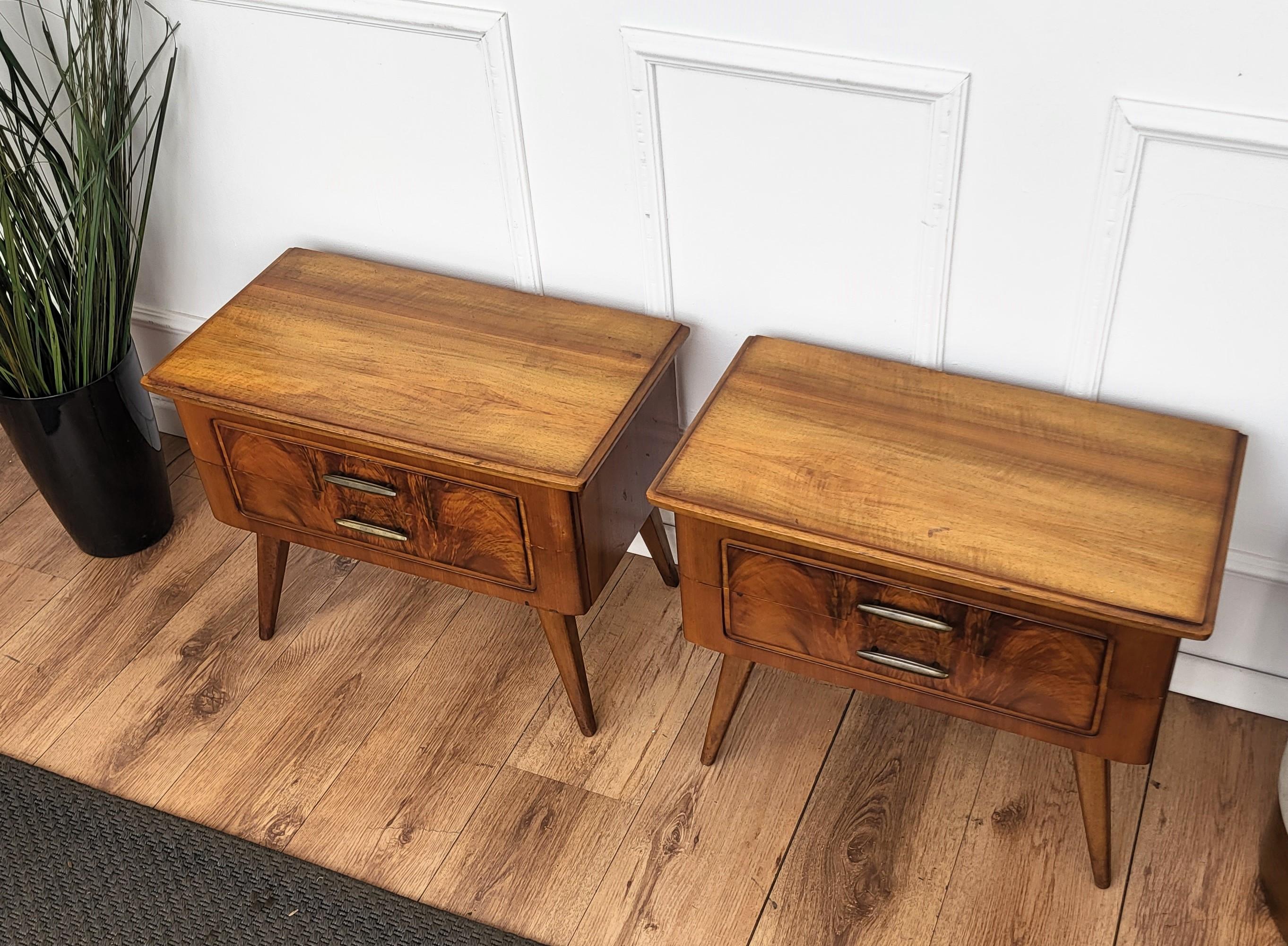 Brass Pair of Italian Mid-Century Wood Night Stands Bedside Tables For Sale