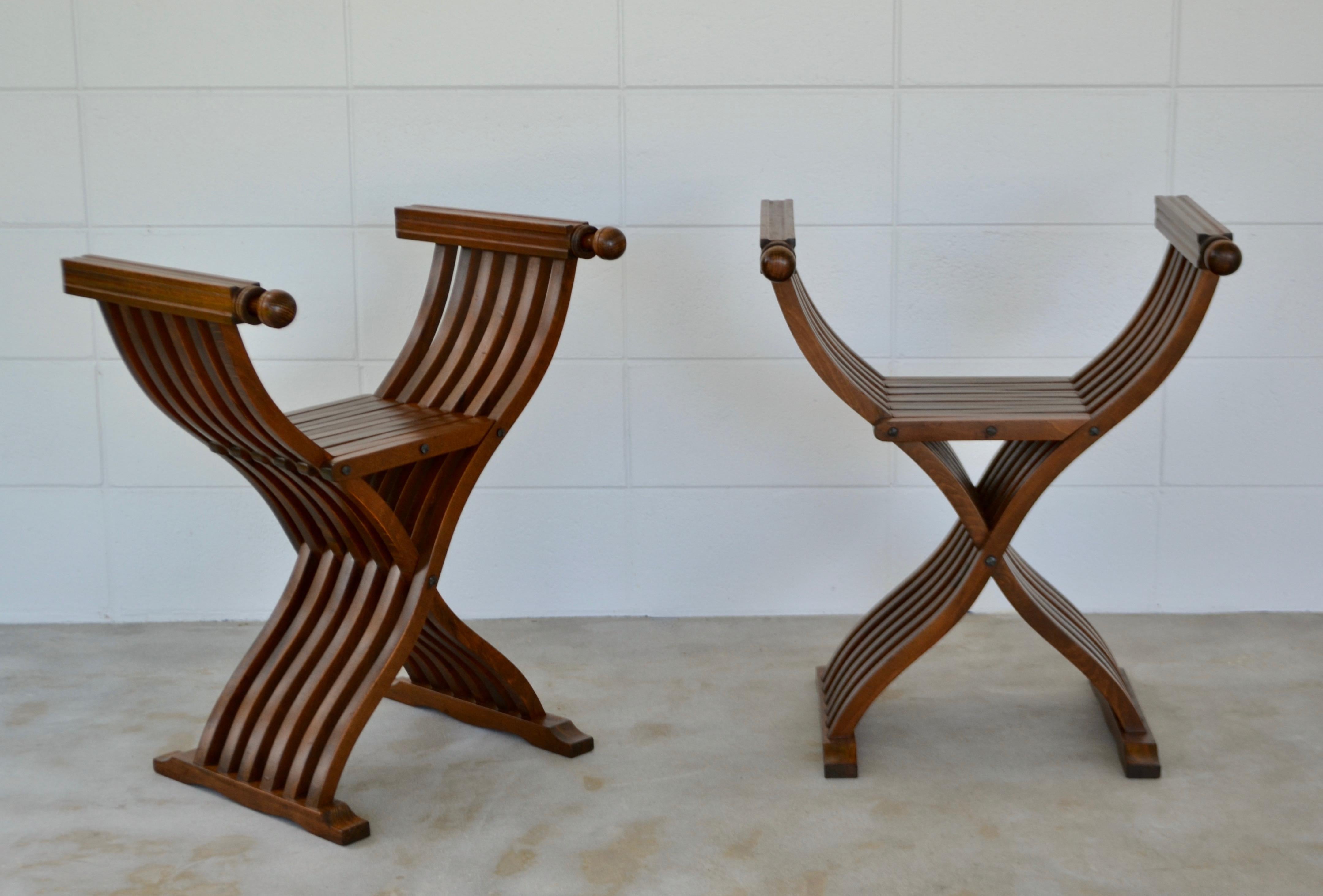 Leather Pair of Italian Midcentury X Form Benches/Stools For Sale