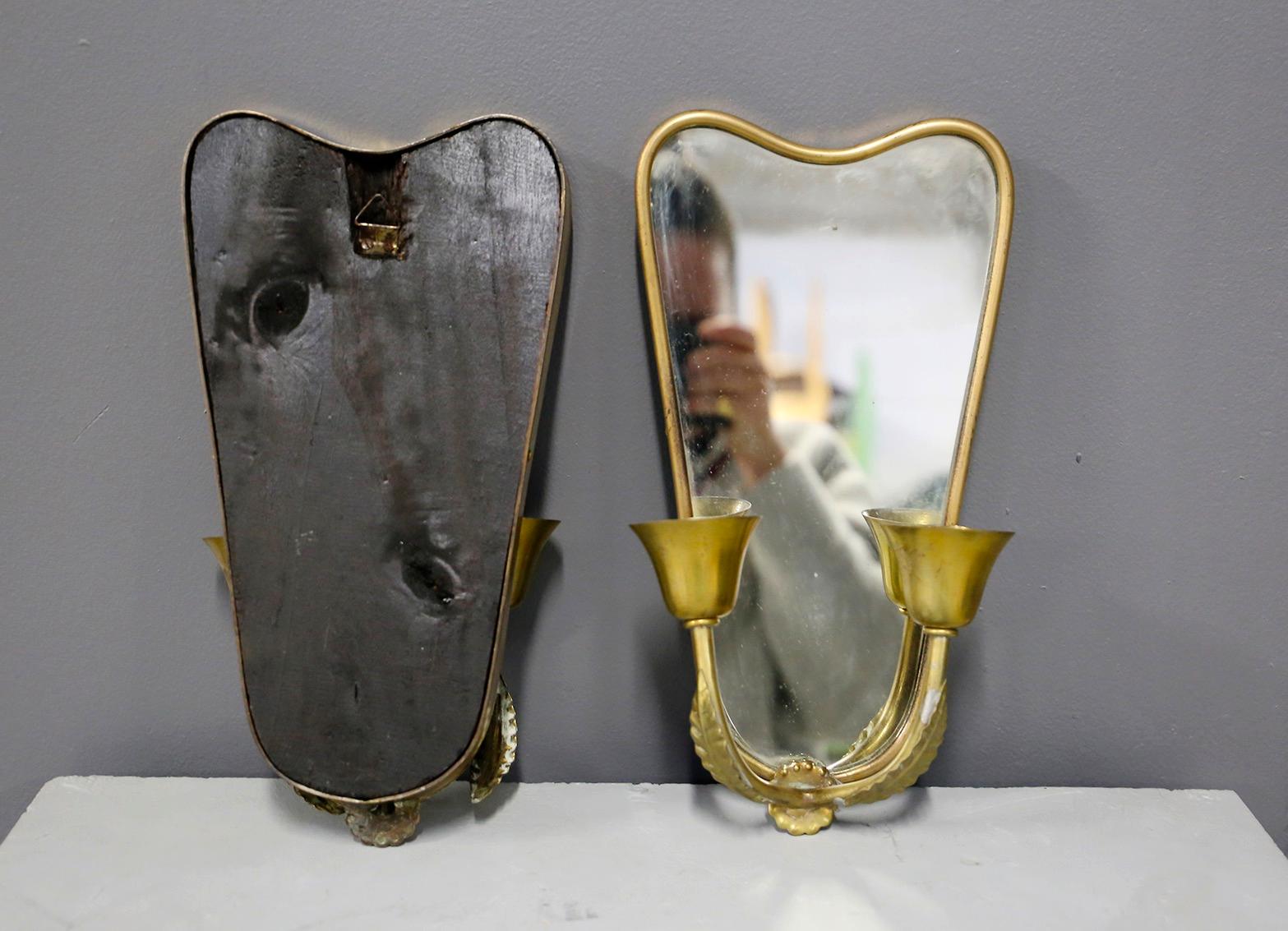 Pair of Italian Midcentury Applique with Mirror in Brass, 1950s 1