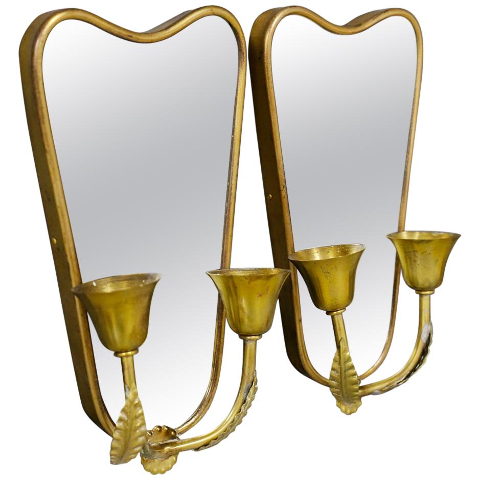 Pair of Italian Midcentury Applique with Mirror in Brass, 1950s