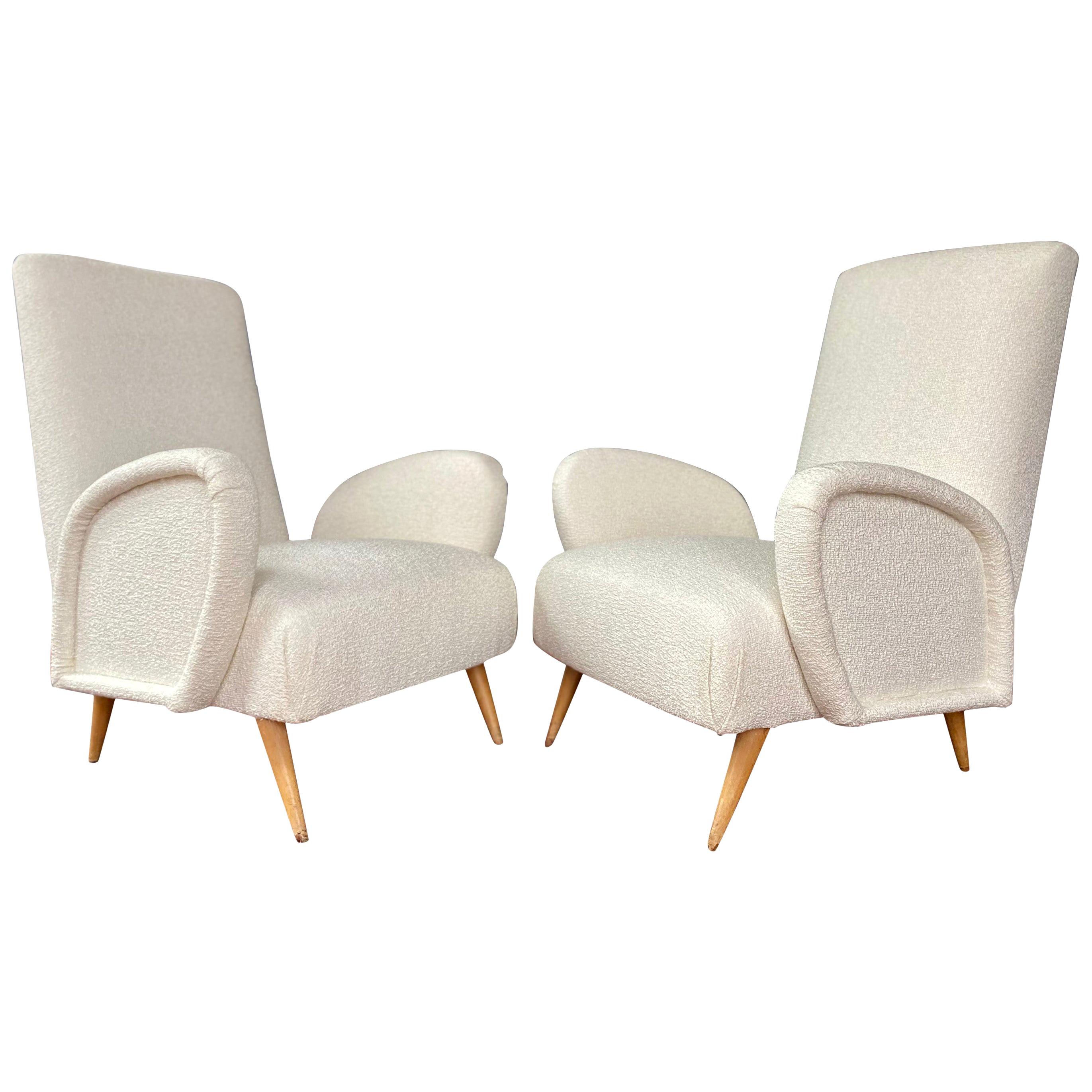 Pair of Italian Midcentury Armchairs Gio Ponti Club Chairs Ivory Bouclette