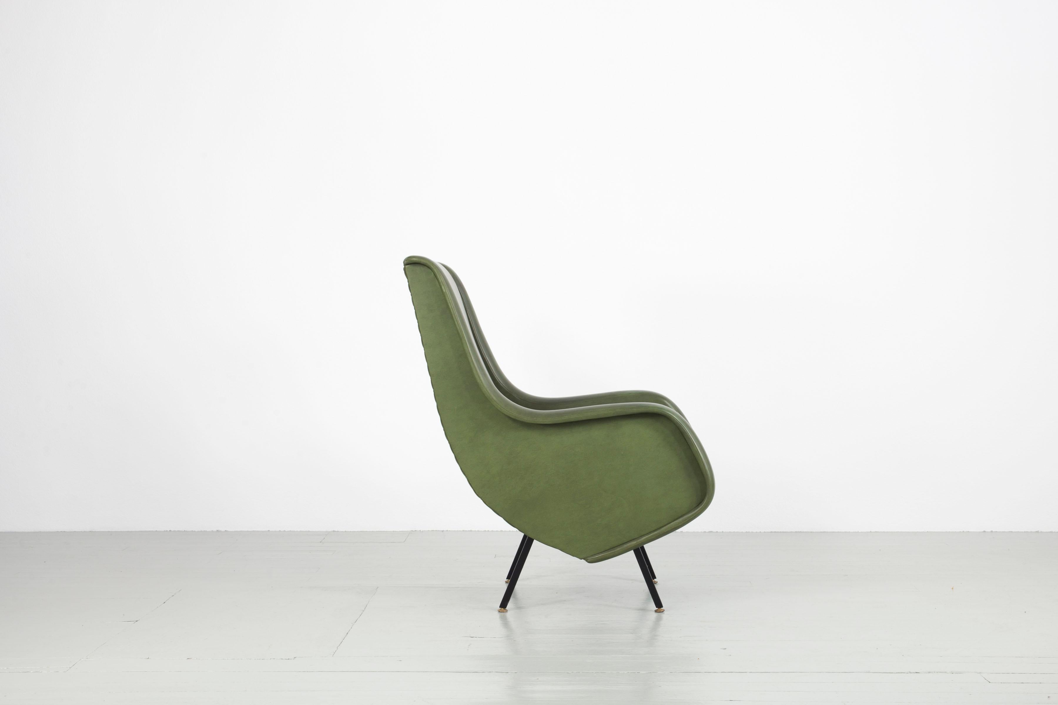 Blackened Pair of Italian Midcentury Armchairs in Original Green Fauxleather, 1950s For Sale