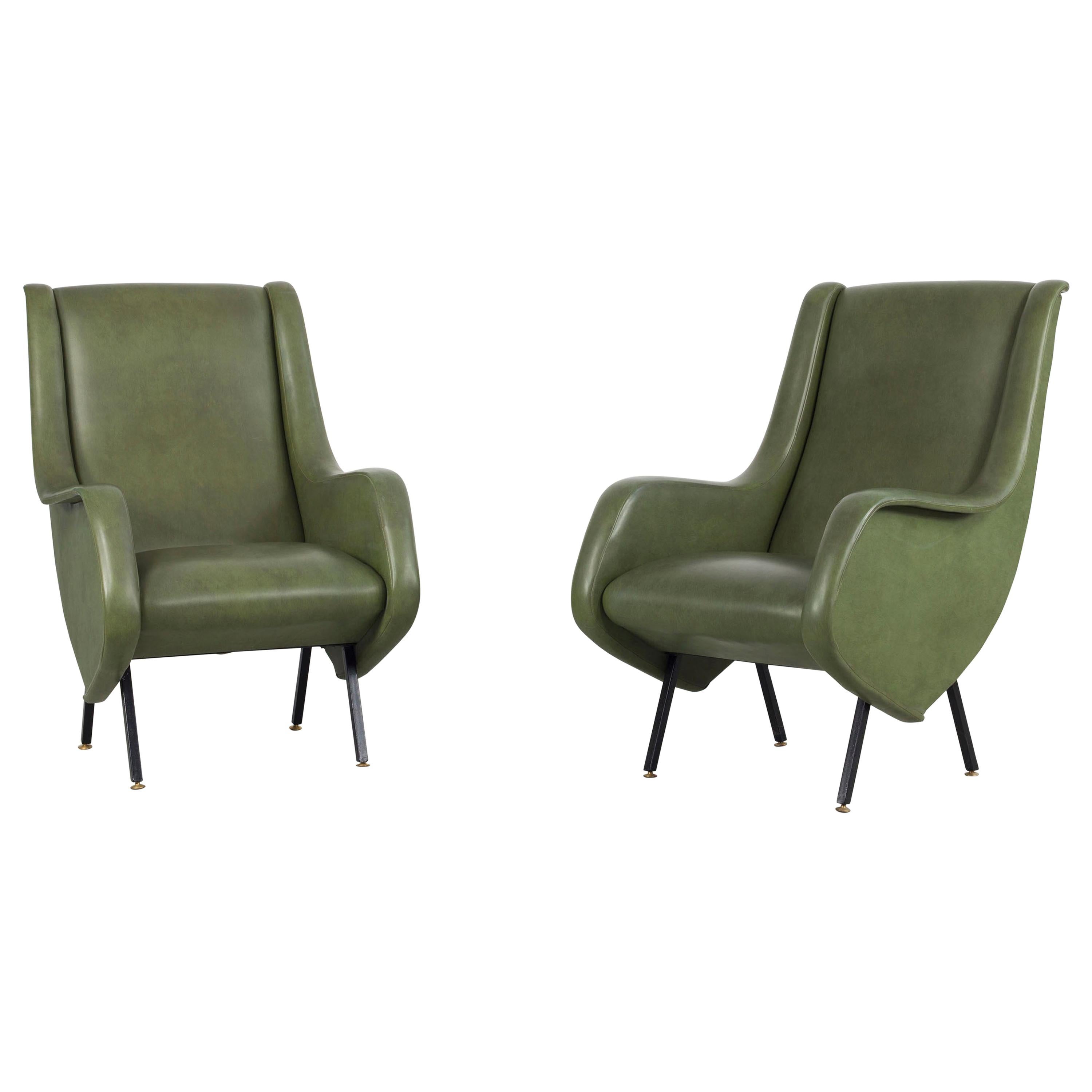 Pair of Italian Midcentury Armchairs in Original Green Fauxleather, 1950s