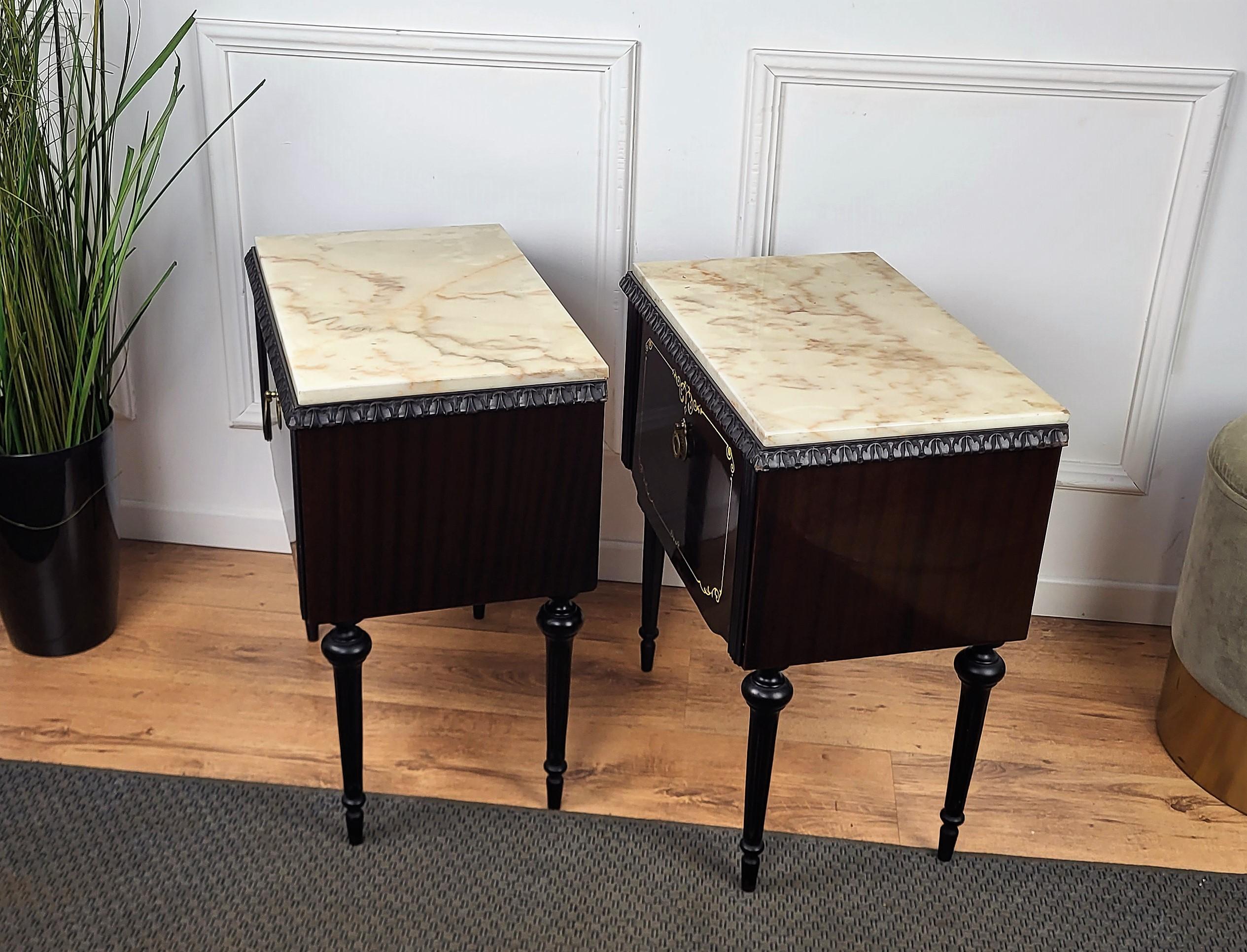 Brass Pair of Italian Midcentury Art Deco Night Stands Bedside Tables Marble Top
