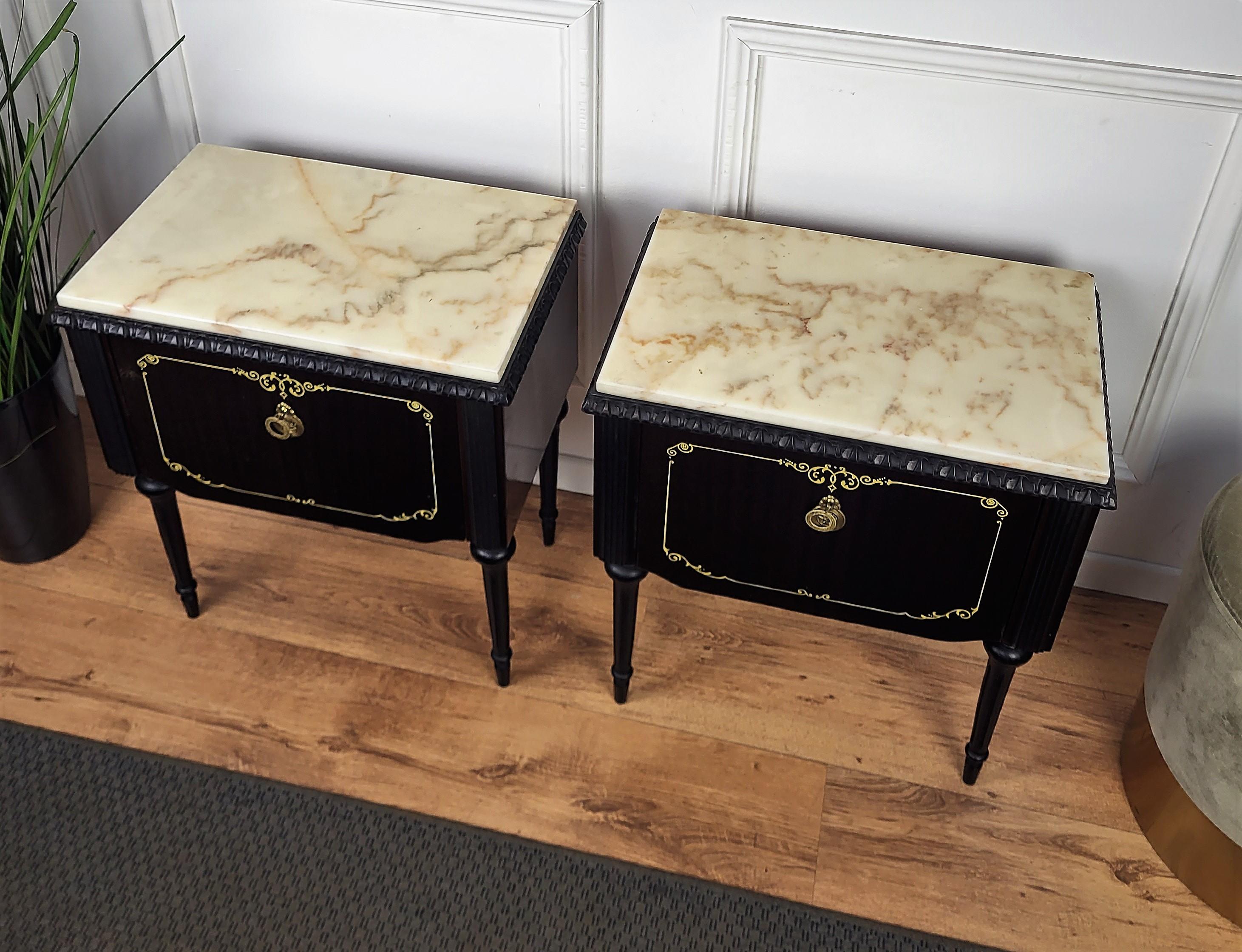 Pair of Italian Midcentury Art Deco Night Stands Bedside Tables Marble Top 1