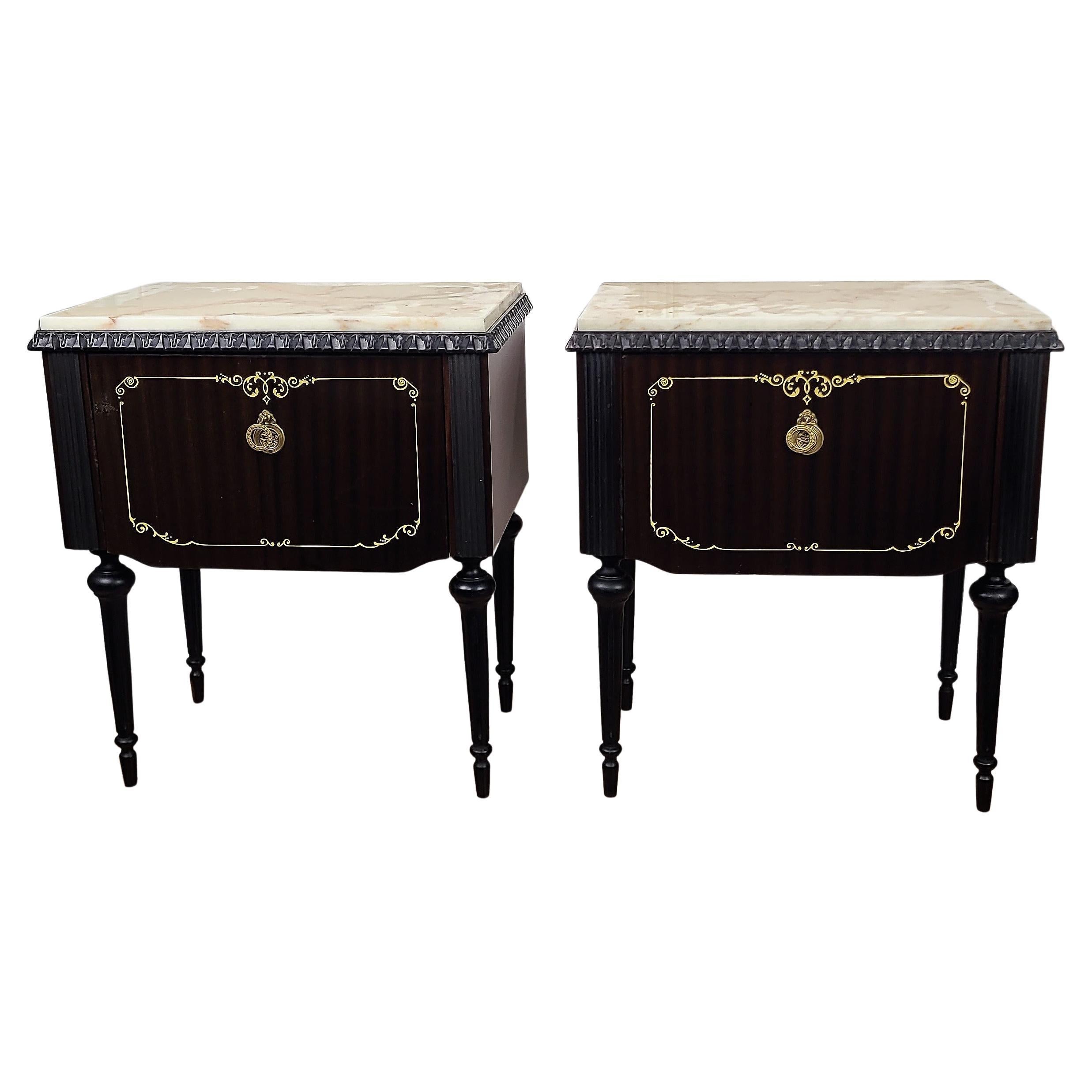 Pair of Italian Midcentury Art Deco Night Stands Bedside Tables Marble Top