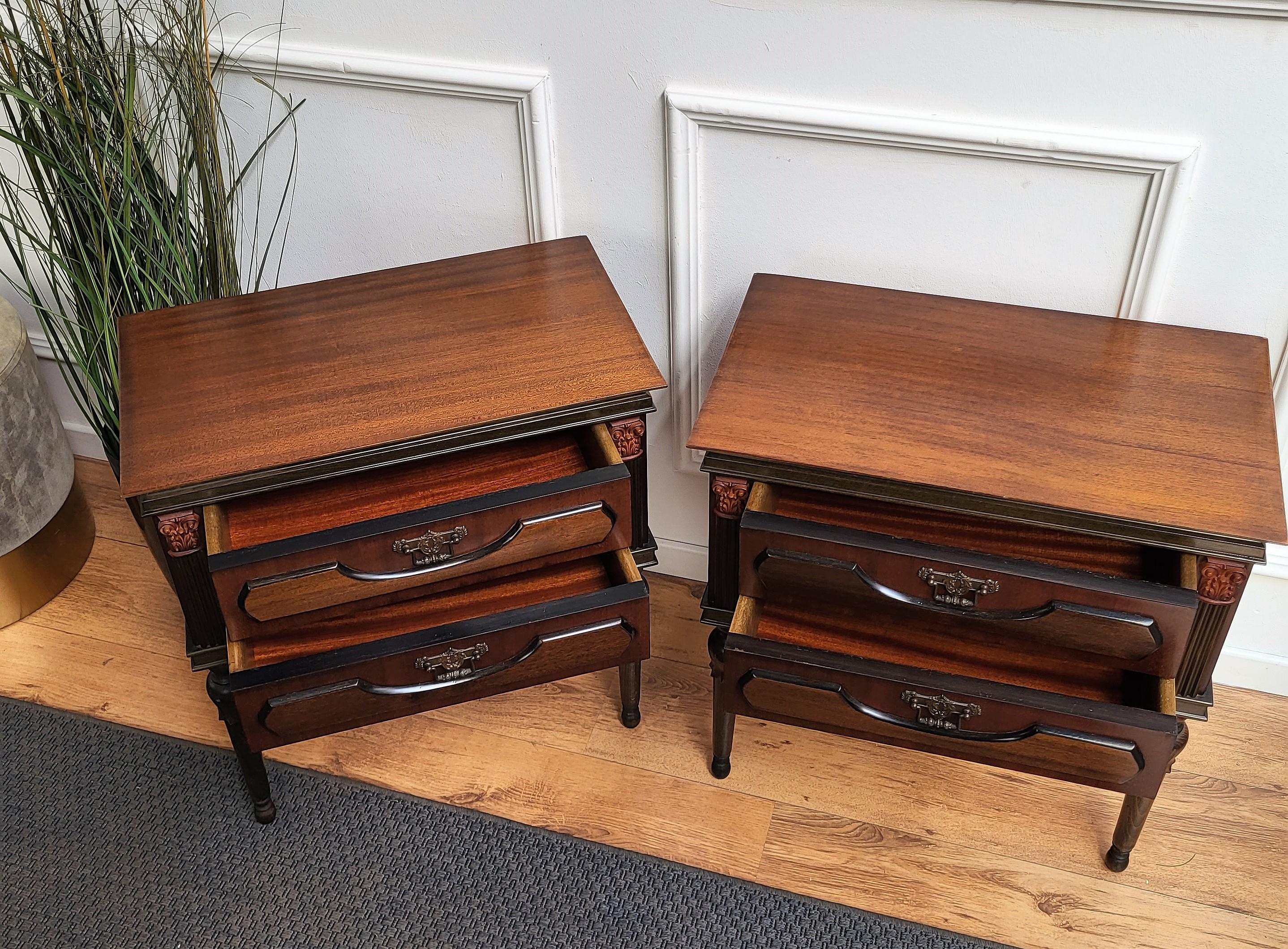 Wood Pair of Italian Midcentury Art Deco Night Stands Bedside Tables Walnut Fruitwood
