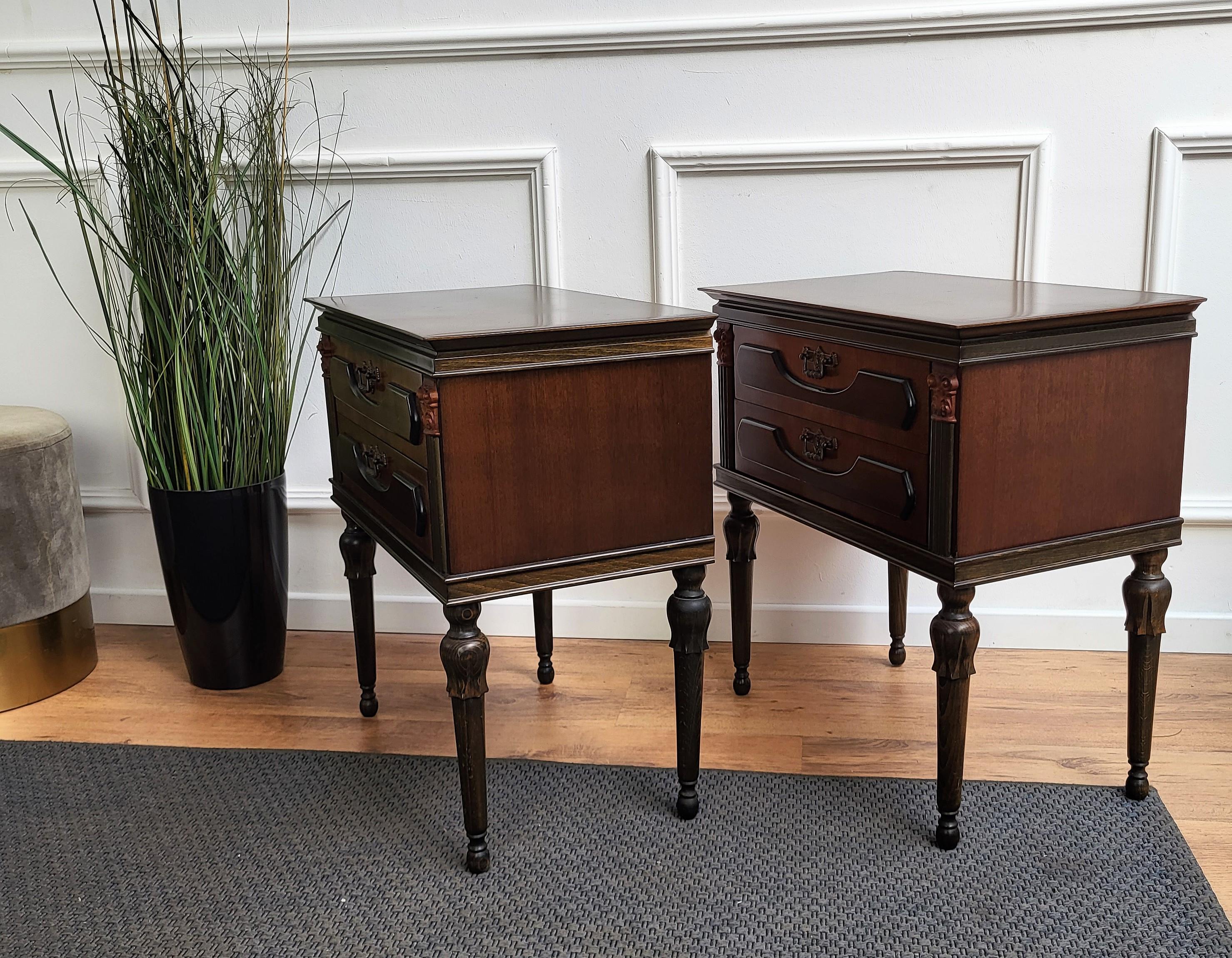 Pair of Italian Midcentury Art Deco Night Stands Bedside Tables Walnut Fruitwood 1