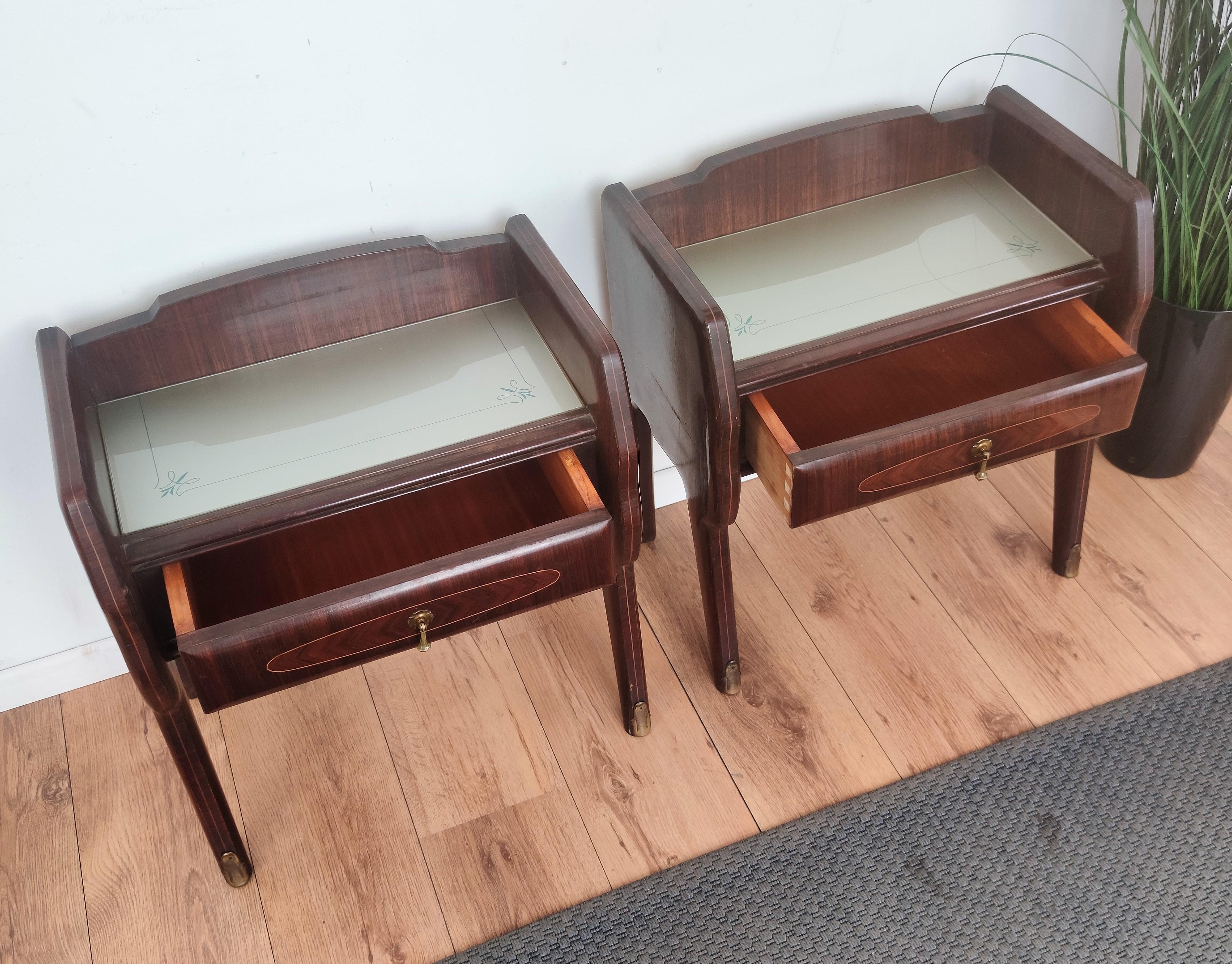 20th Century Pair of Italian Midcentury Art Deco Night Stands Bedside Tables Walnut Glass