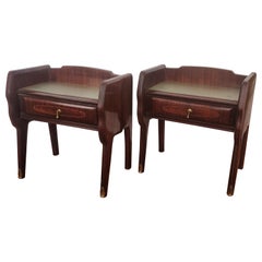 Pair of Italian Midcentury Art Deco Night Stands Bedside Tables Walnut Glass