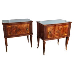 Pair of Italian Midcentury Art Deco Night Stands Bedside Tables Walnut Glass Top