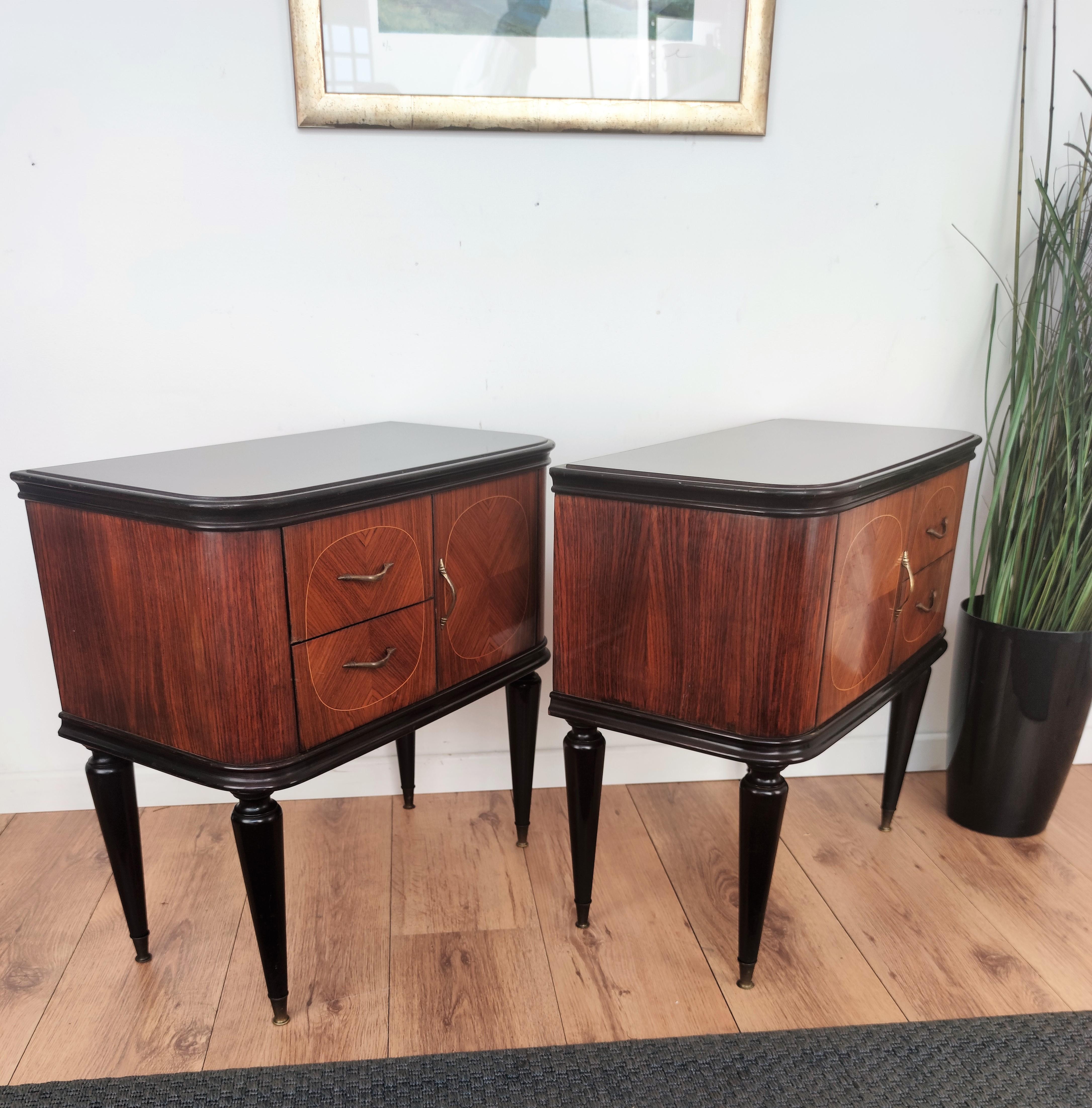 Pair of Italian Midcentury Art Deco Night Stands Walnut and Glass Top 1