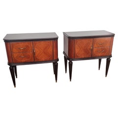 Pair of Italian Midcentury Art Deco Night Stands Walnut and Glass Top
