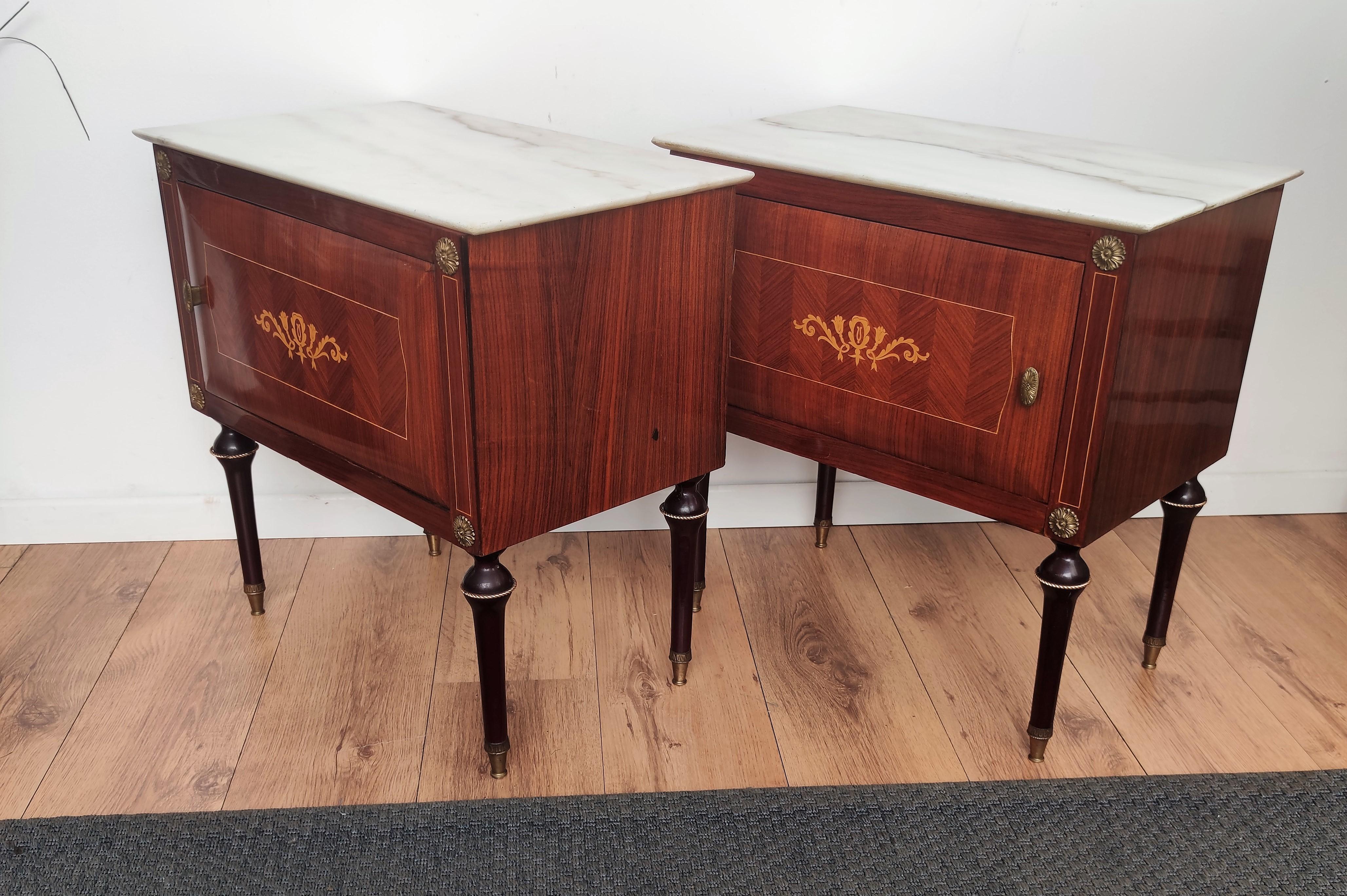20th Century Pair of Italian Midcentury Art Deco Night Stands Walnut and White Marble Top
