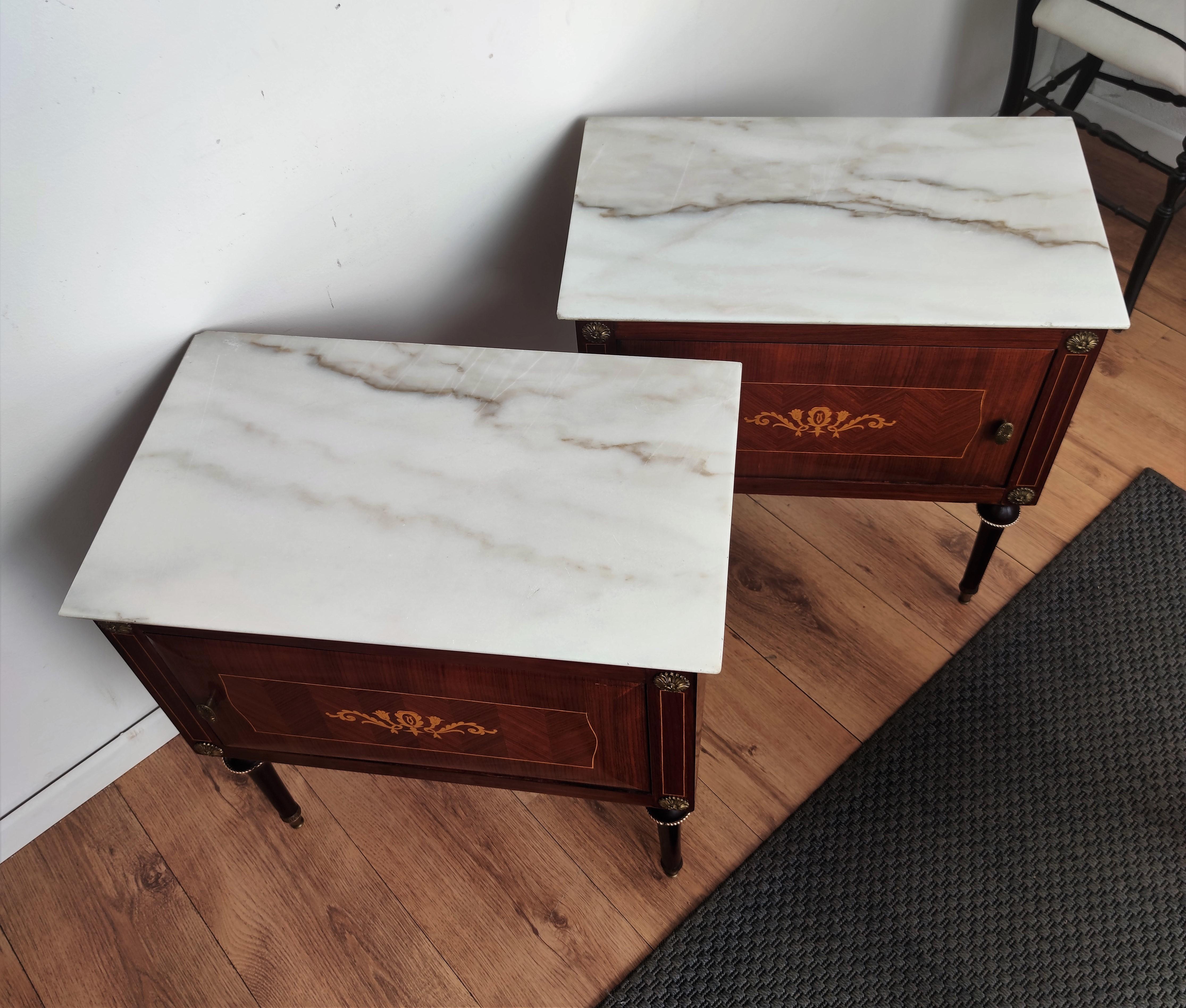 Brass Pair of Italian Midcentury Art Deco Night Stands Walnut and White Marble Top
