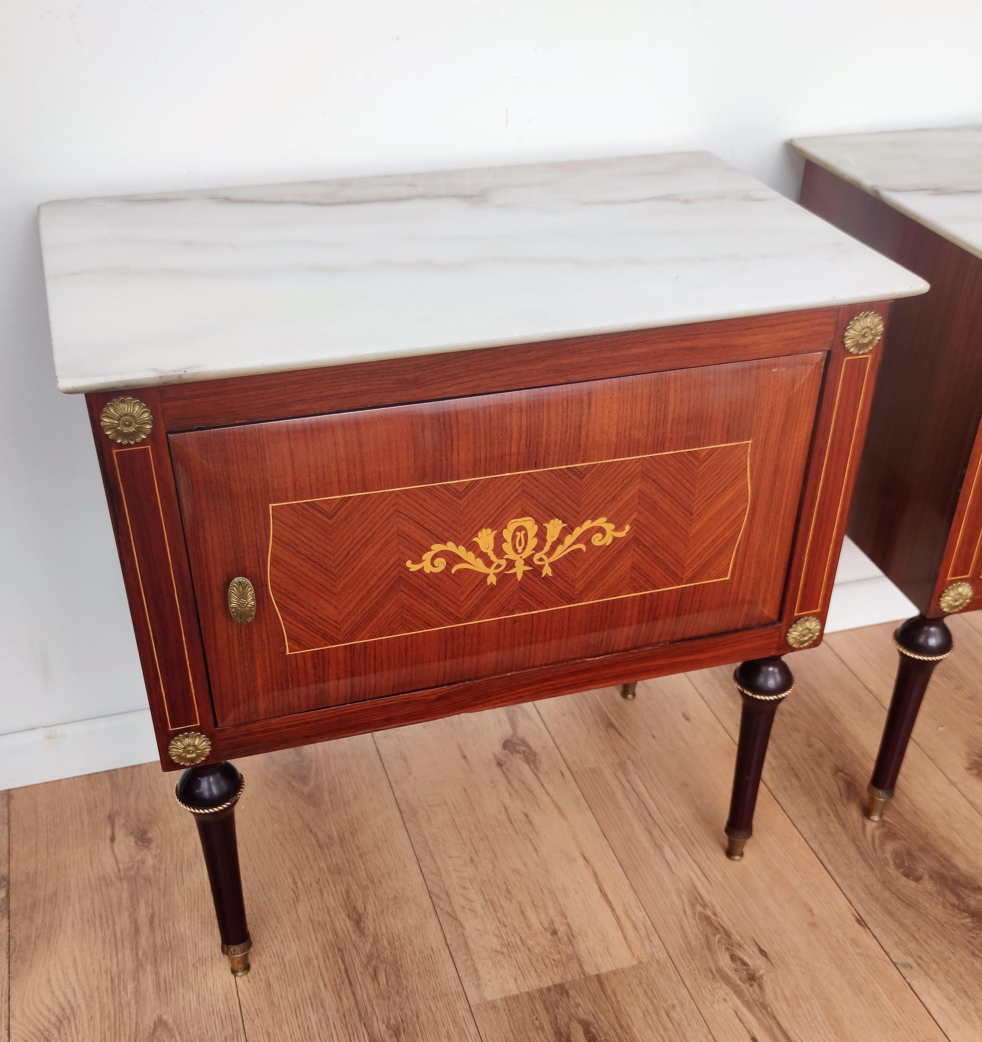 Pair of Italian Midcentury Art Deco Night Stands Walnut and White Marble Top 1