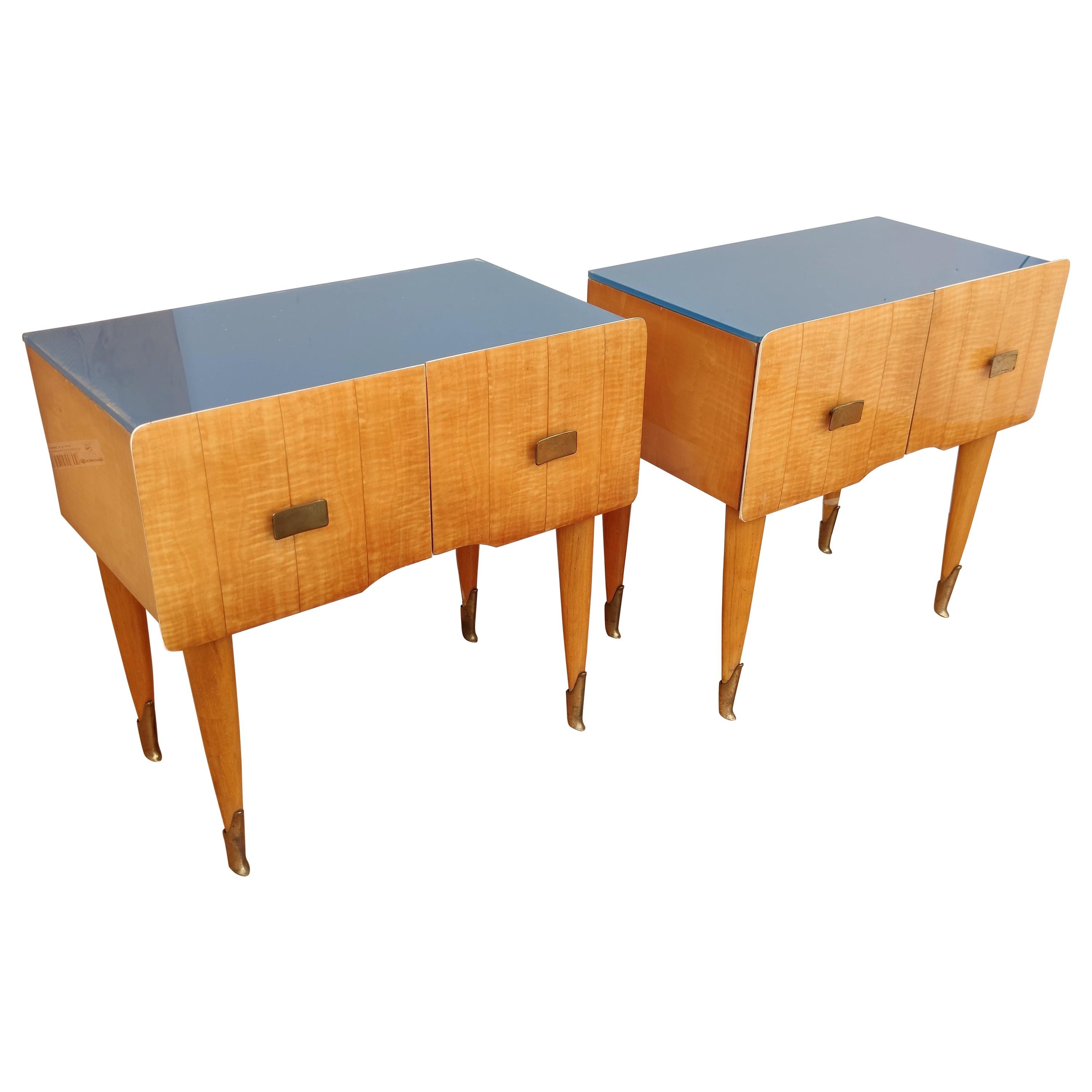 Pair of Italian Midcentury Art Deco Nightstands Bedside Tables Maple & Glass Top