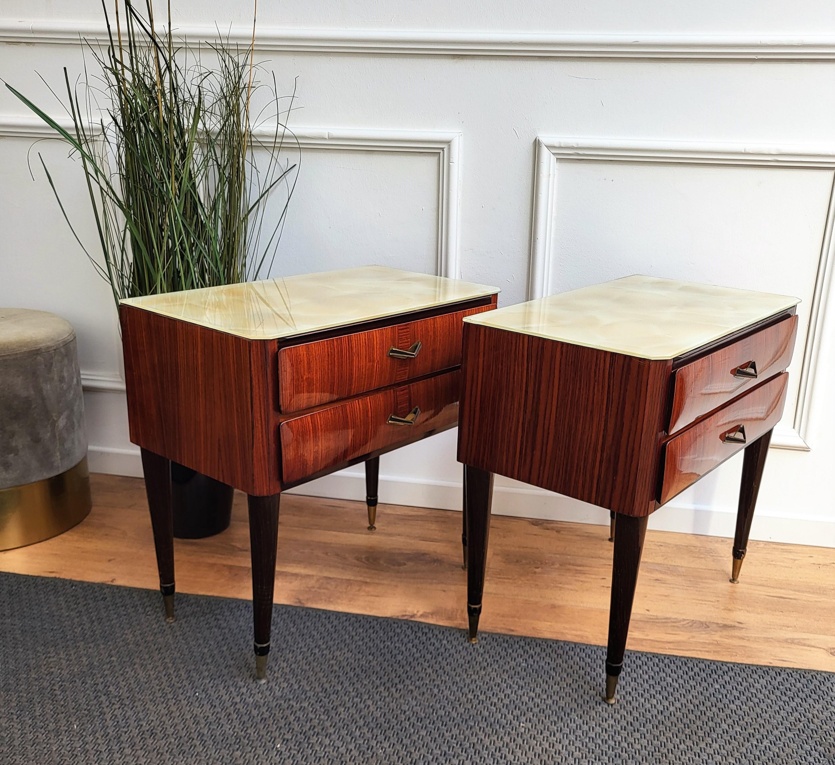 Brass Pair of Italian Midcentury Art Deco Nightstands Bedside Tables Veneer Walnut For Sale