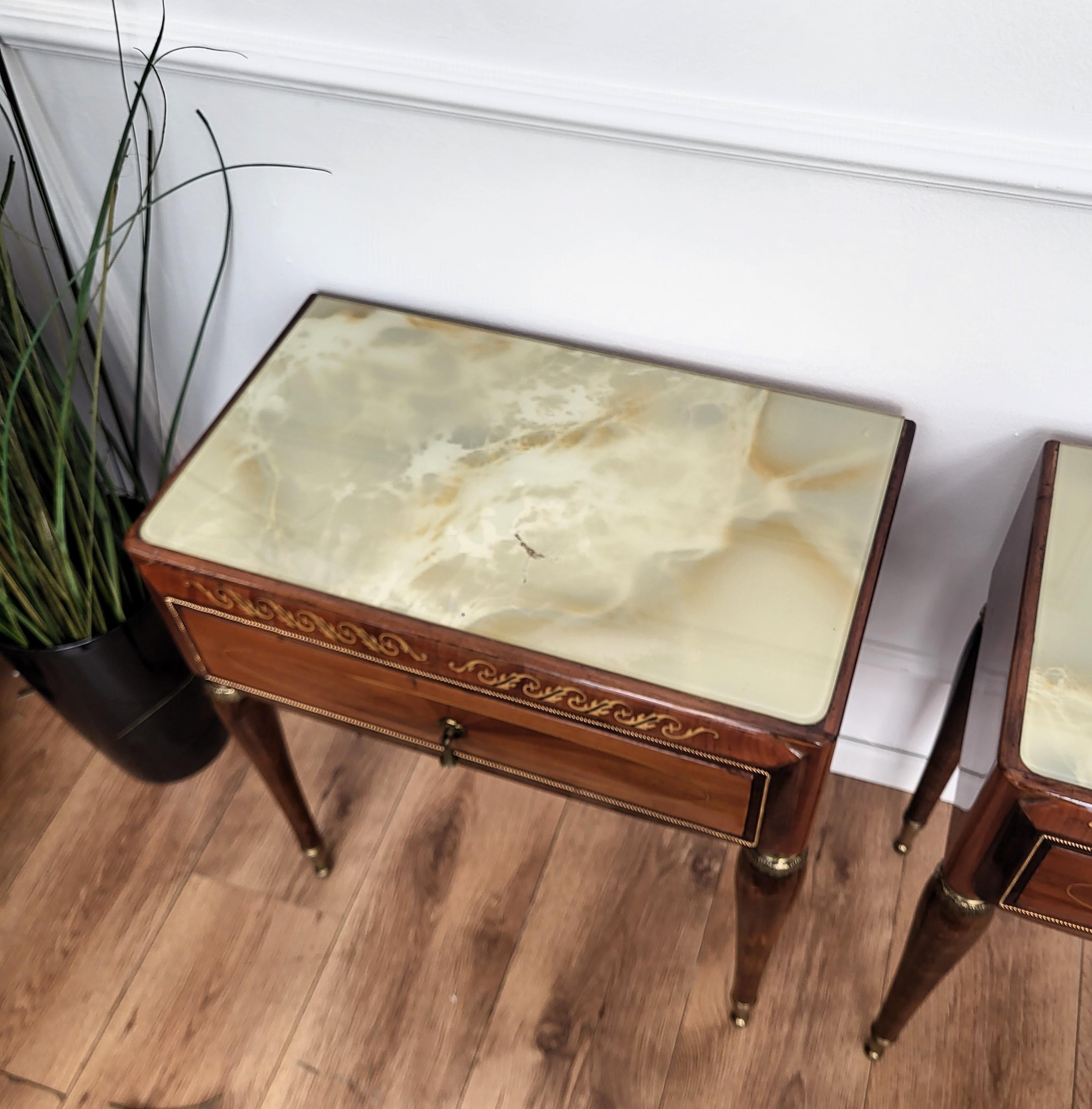 Pair of Italian Midcentury Art Deco Nightstands Bedside Tables Walnut Glass Top 1