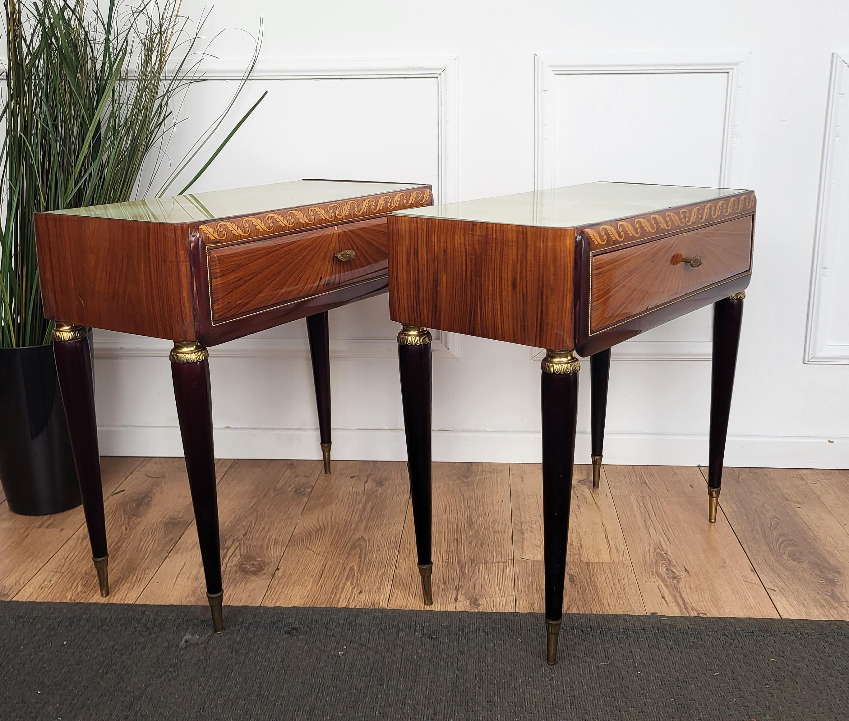 Pair of Italian Midcentury Art Deco Nightstands Bedside Tables Walnut Glass Top For Sale 2