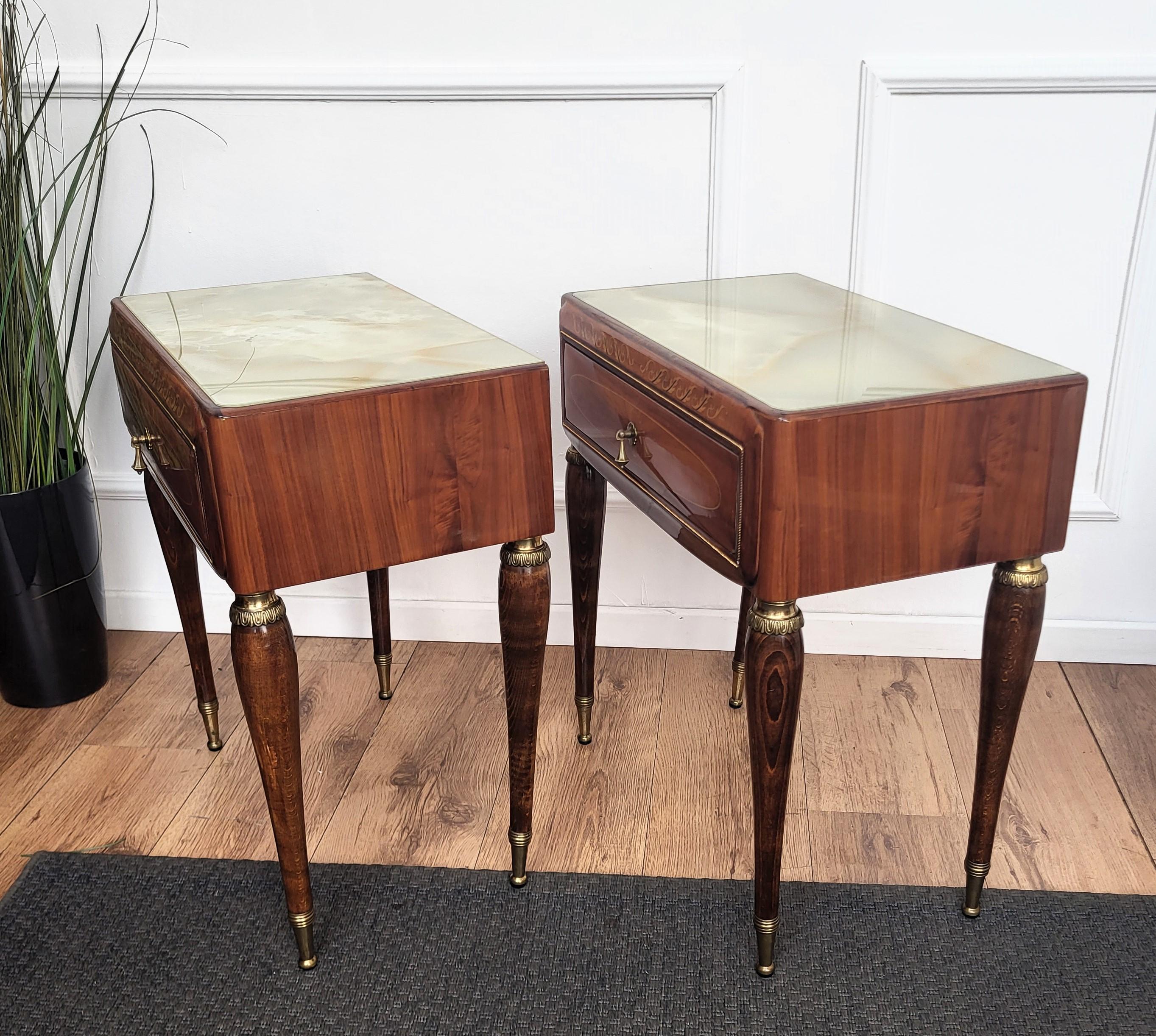 Pair of Italian Midcentury Art Deco Nightstands Bedside Tables Walnut Glass Top 3