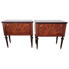 Pair of Italian Midcentury Art Deco Nightstands Bedside Tables Walnut Glass Top