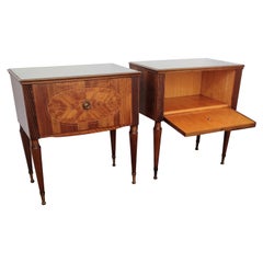 Pair of Italian Midcentury Art Deco Nightstands Bedside Tables Walnut Glass Top