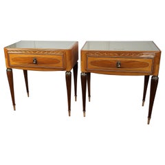 Pair of Italian Midcentury Art Deco Nightstands Bedside Tables Walnut Glass Top