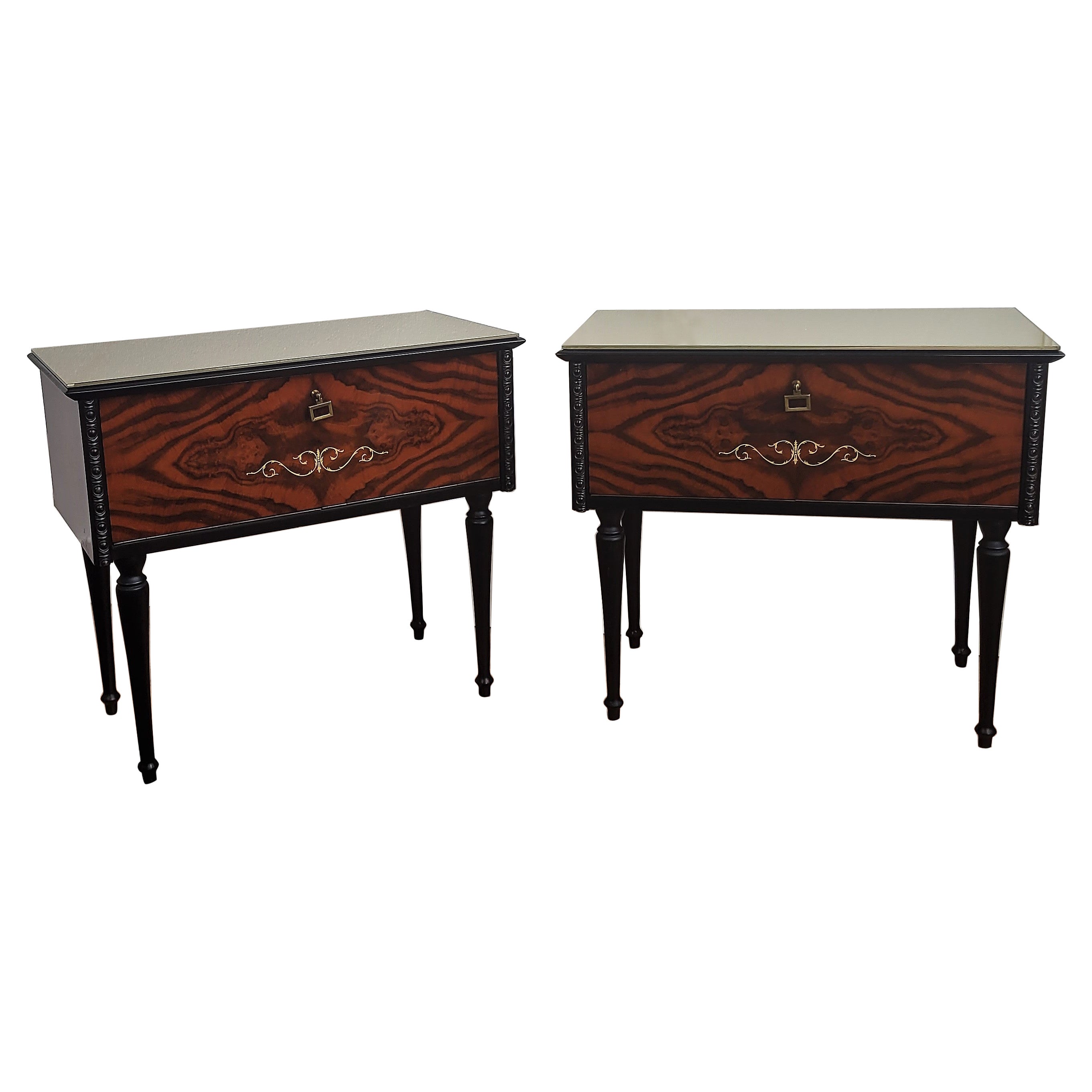 Pair of Italian Midcentury Art Deco Nightstands Bedside Tables Walnut Glass Top