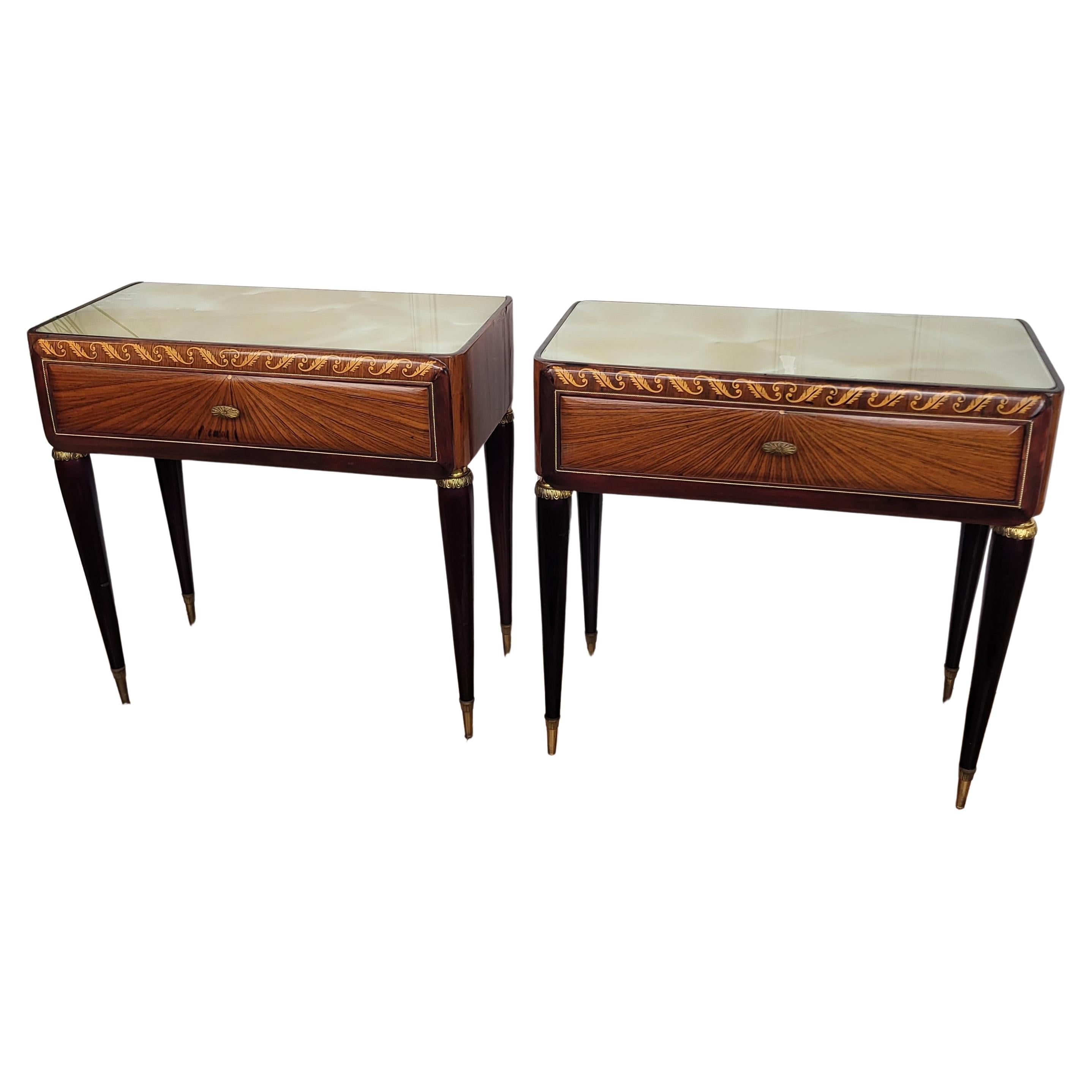 Pair of Italian Midcentury Art Deco Nightstands Bedside Tables Walnut Glass Top For Sale