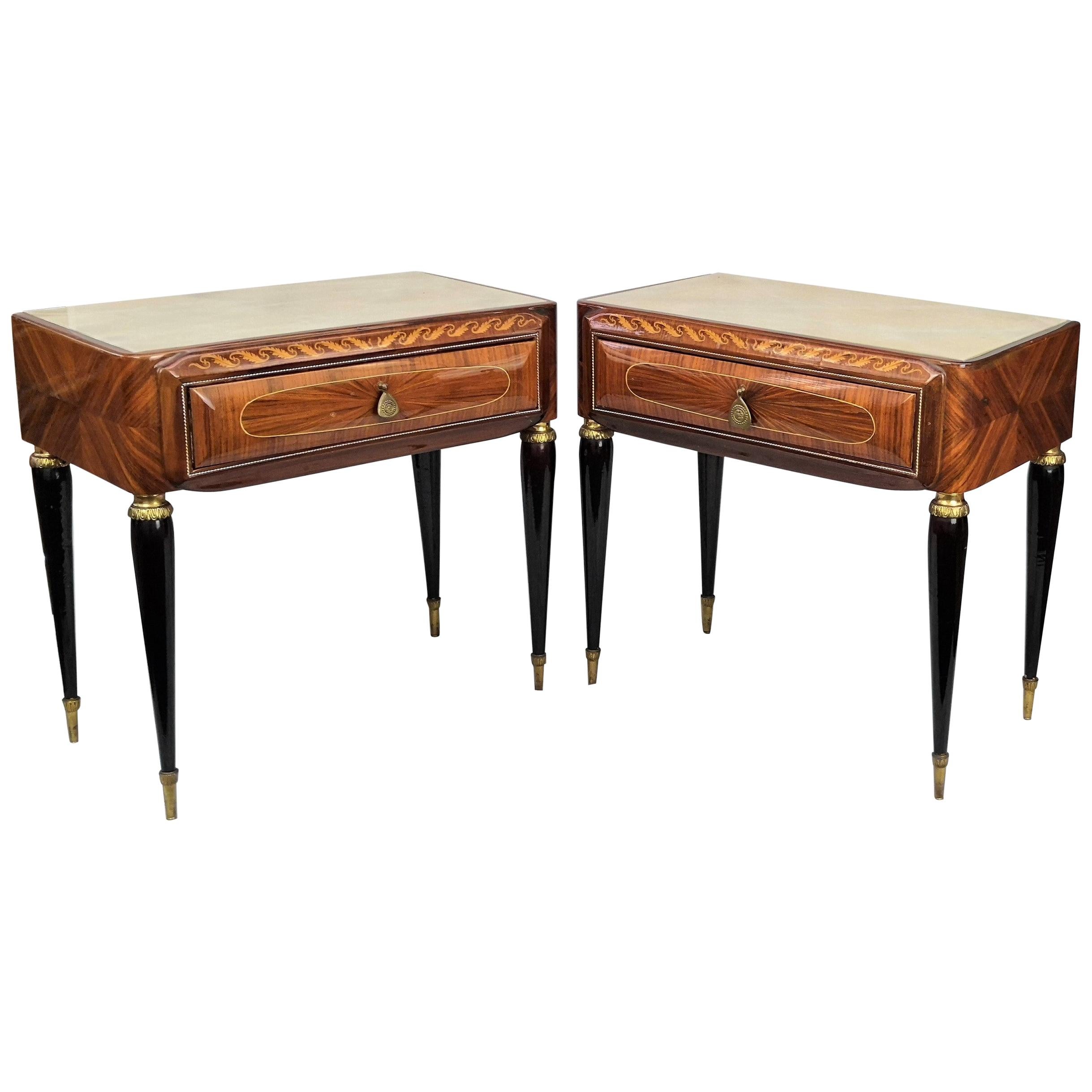 Pair of Italian Midcentury Art Deco Nightstands Bedside Tables Walnut Glass Top