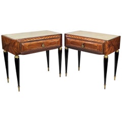 Pair of Italian Midcentury Art Deco Nightstands Bedside Tables Walnut Glass Top