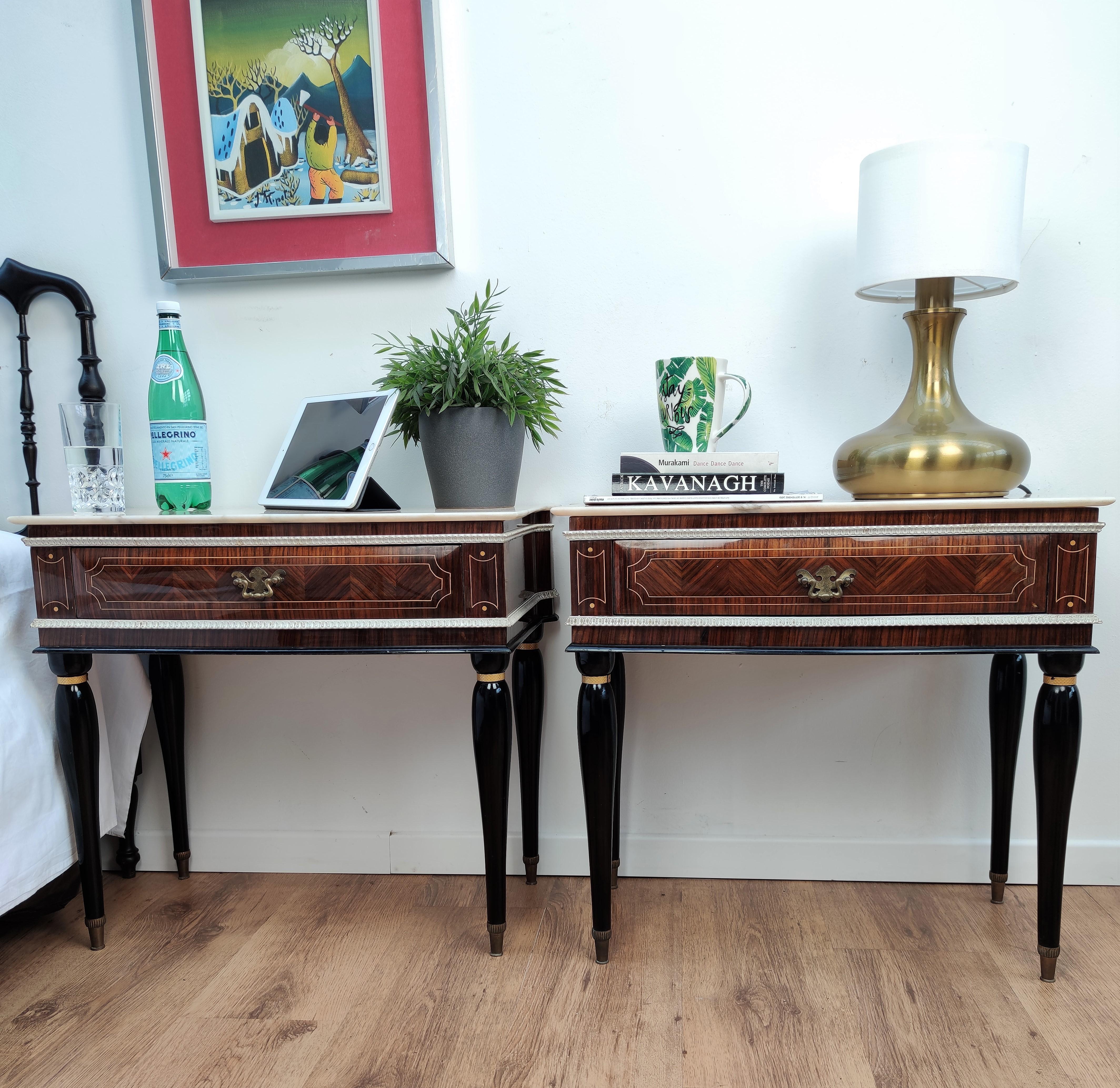 Brass Pair of Italian Midcentury Art Deco Nightstands Bedside Tables Walnut Marble