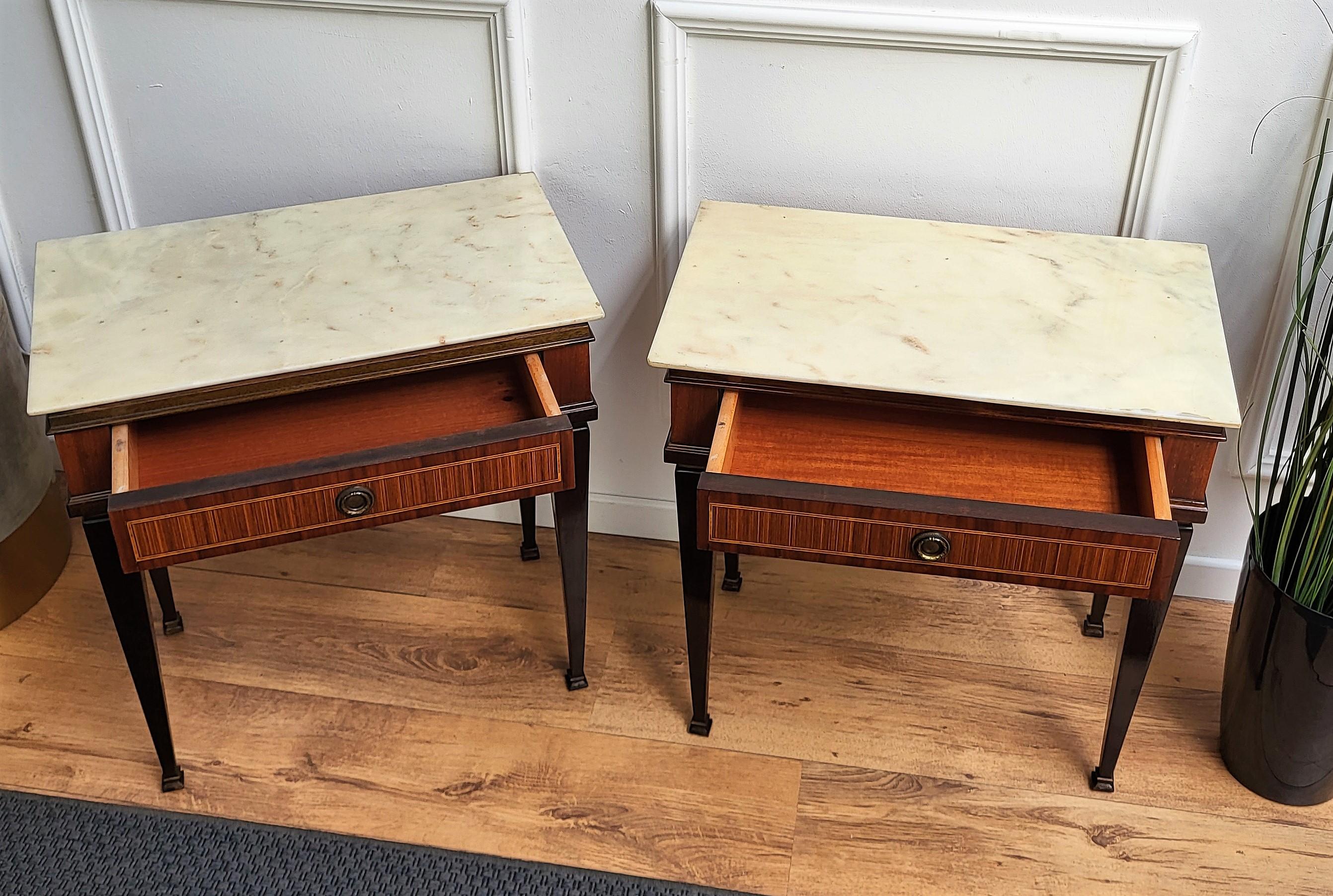 Brass Pair of Italian Mid-Century Art Deco Nightstands Bedside Tables Walnut Marble