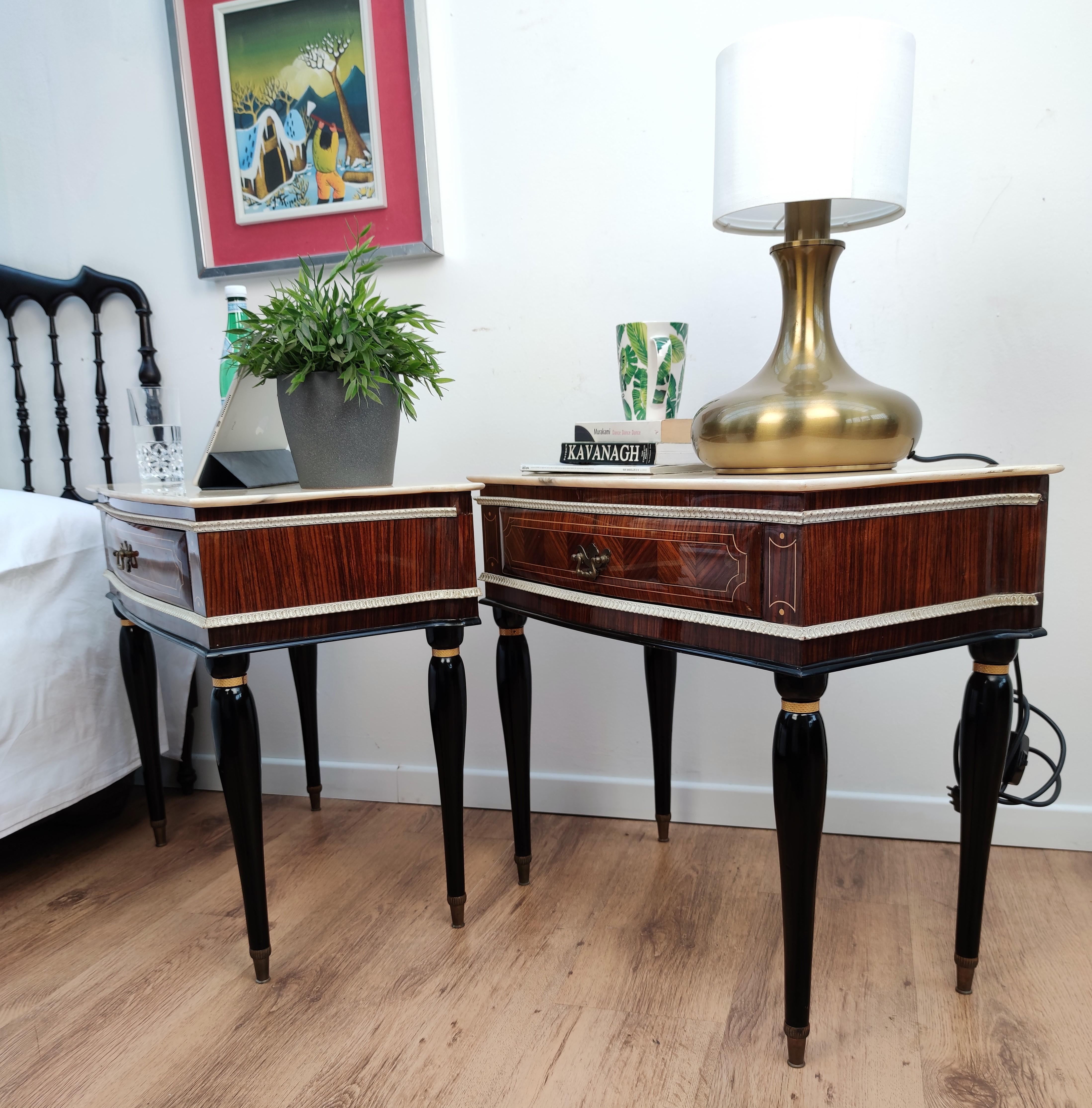 Pair of Italian Midcentury Art Deco Nightstands Bedside Tables Walnut Marble 2