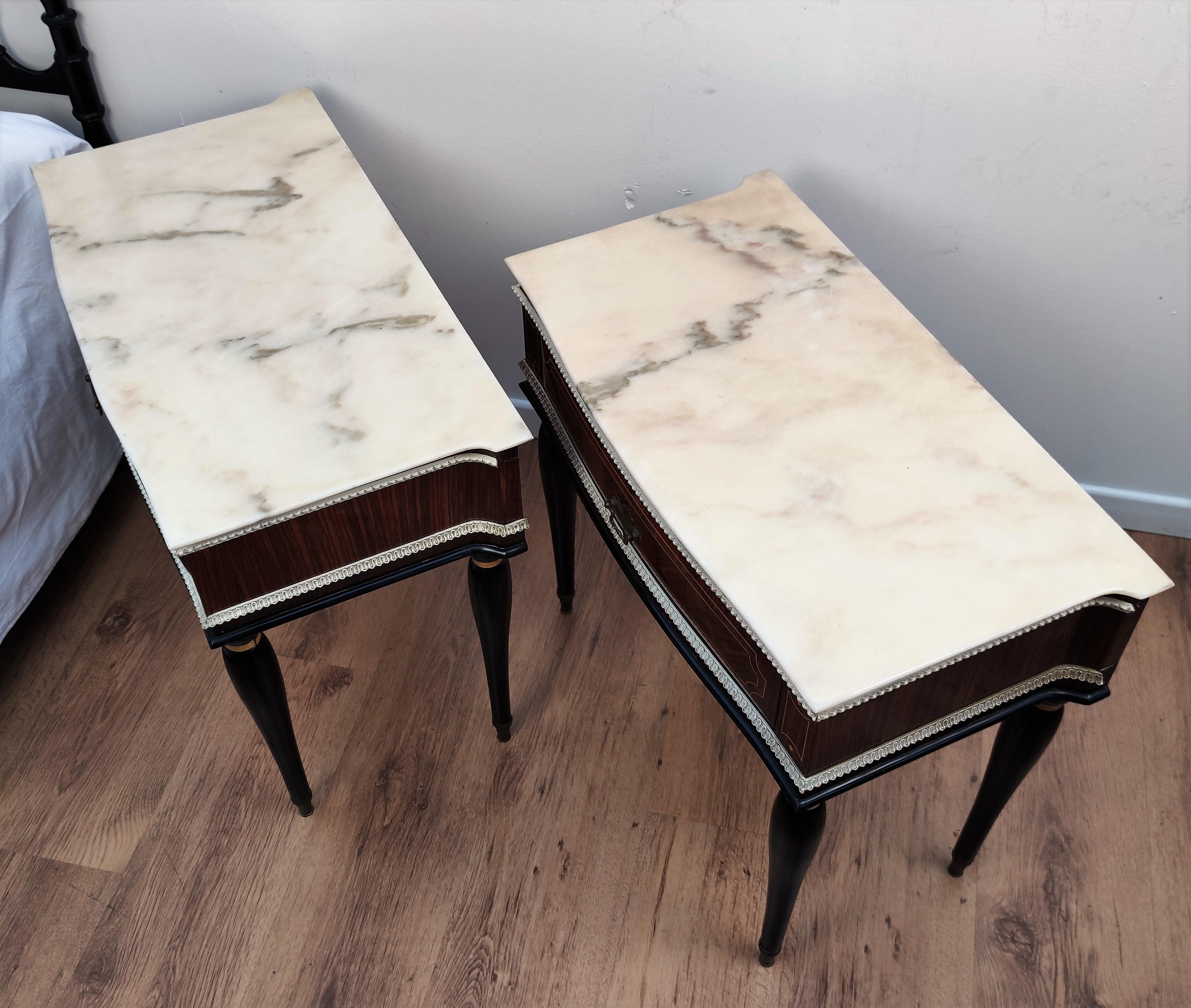 Pair of Italian Midcentury Art Deco Nightstands Bedside Tables Walnut Marble 3