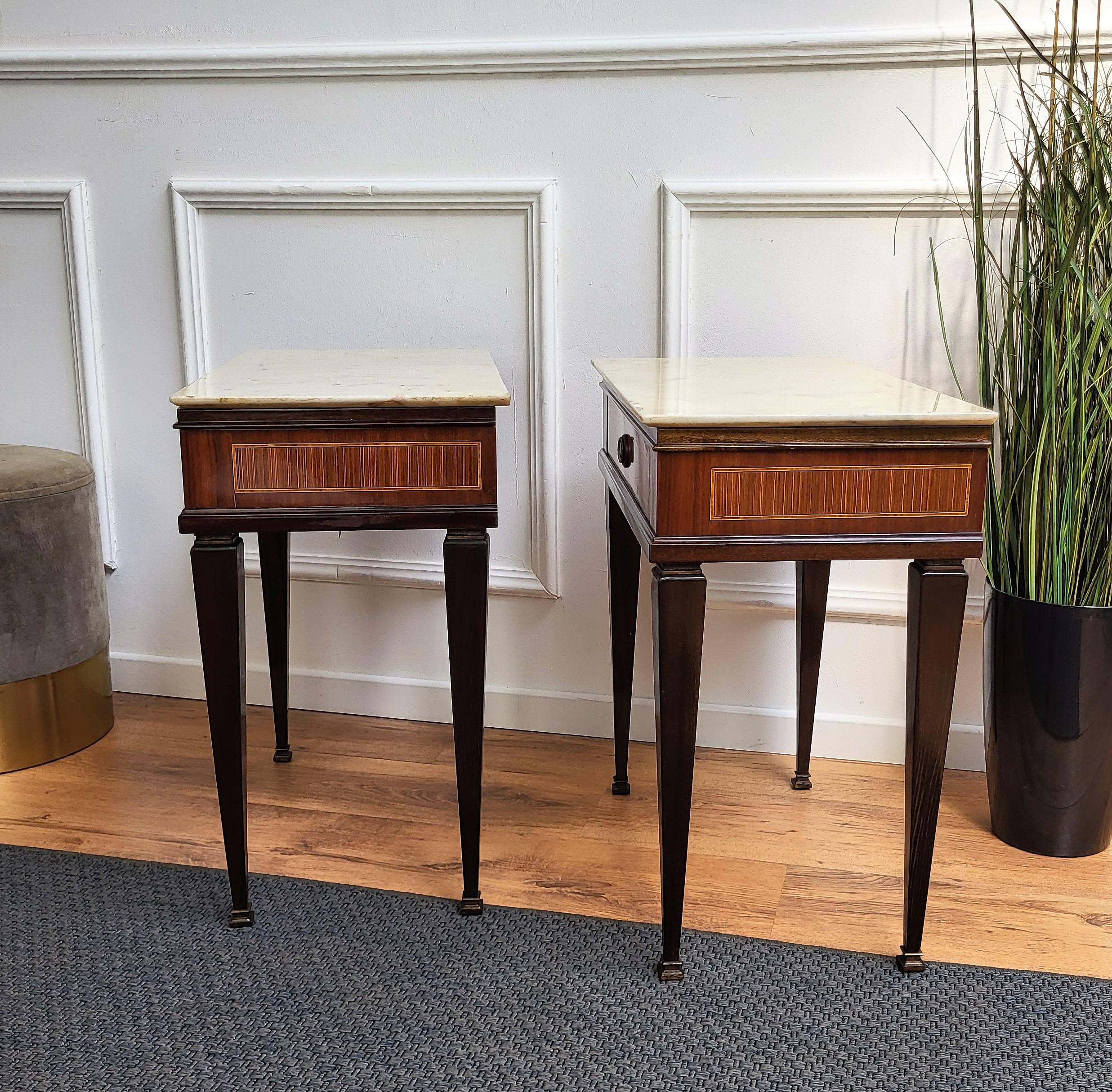 Pair of Italian Mid-Century Art Deco Nightstands Bedside Tables Walnut Marble 4