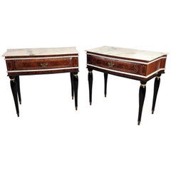 Pair of Italian Midcentury Art Deco Nightstands Bedside Tables Walnut Marble