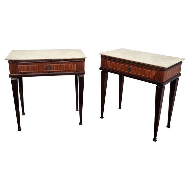 Pair of Italian Mid-Century Art Deco Nightstands Bedside Tables Walnut Marble