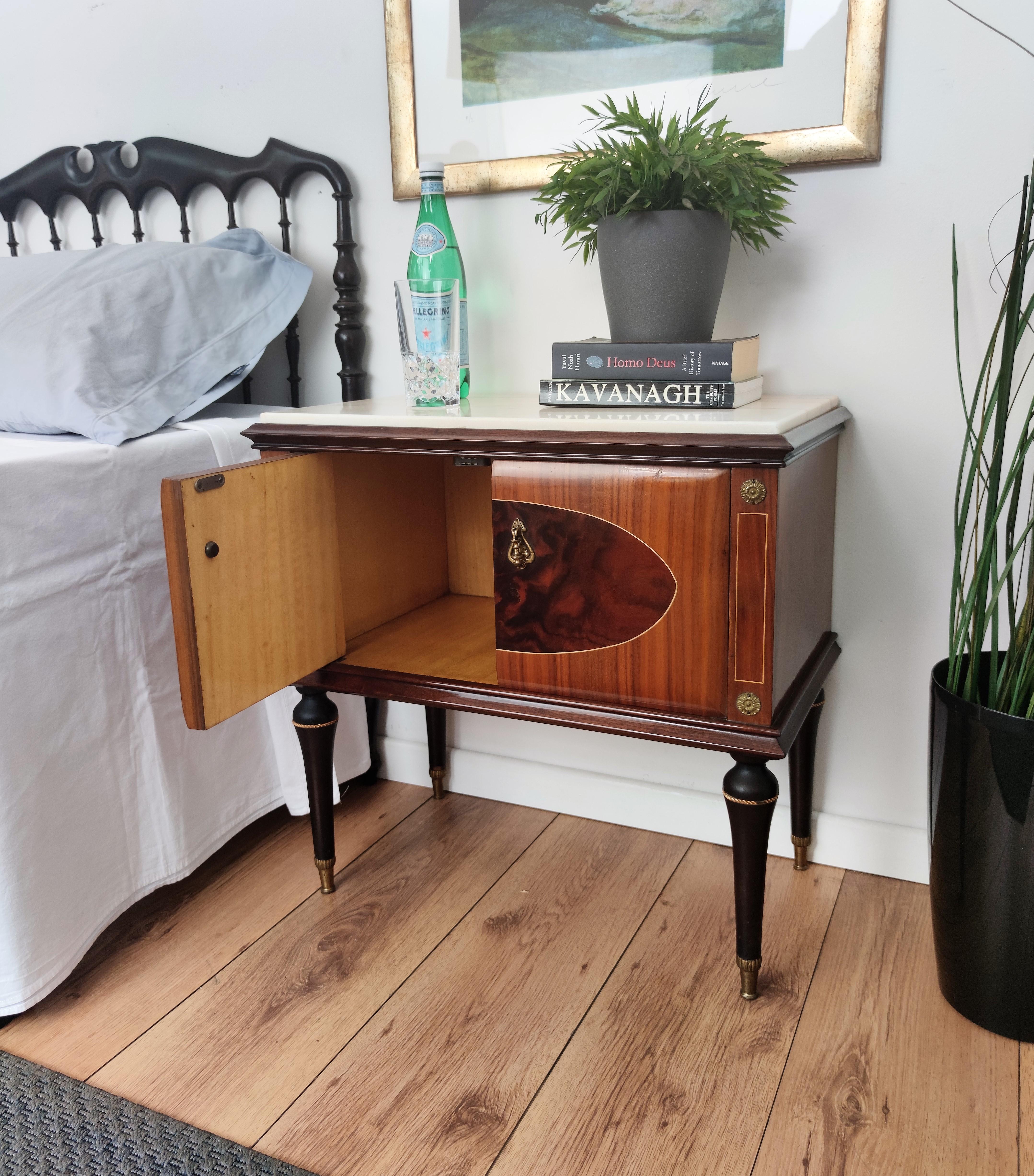 Mid-Century Modern Pair of Italian Midcentury Art Deco Nightstands Bedside Tables Walnut Marble Top