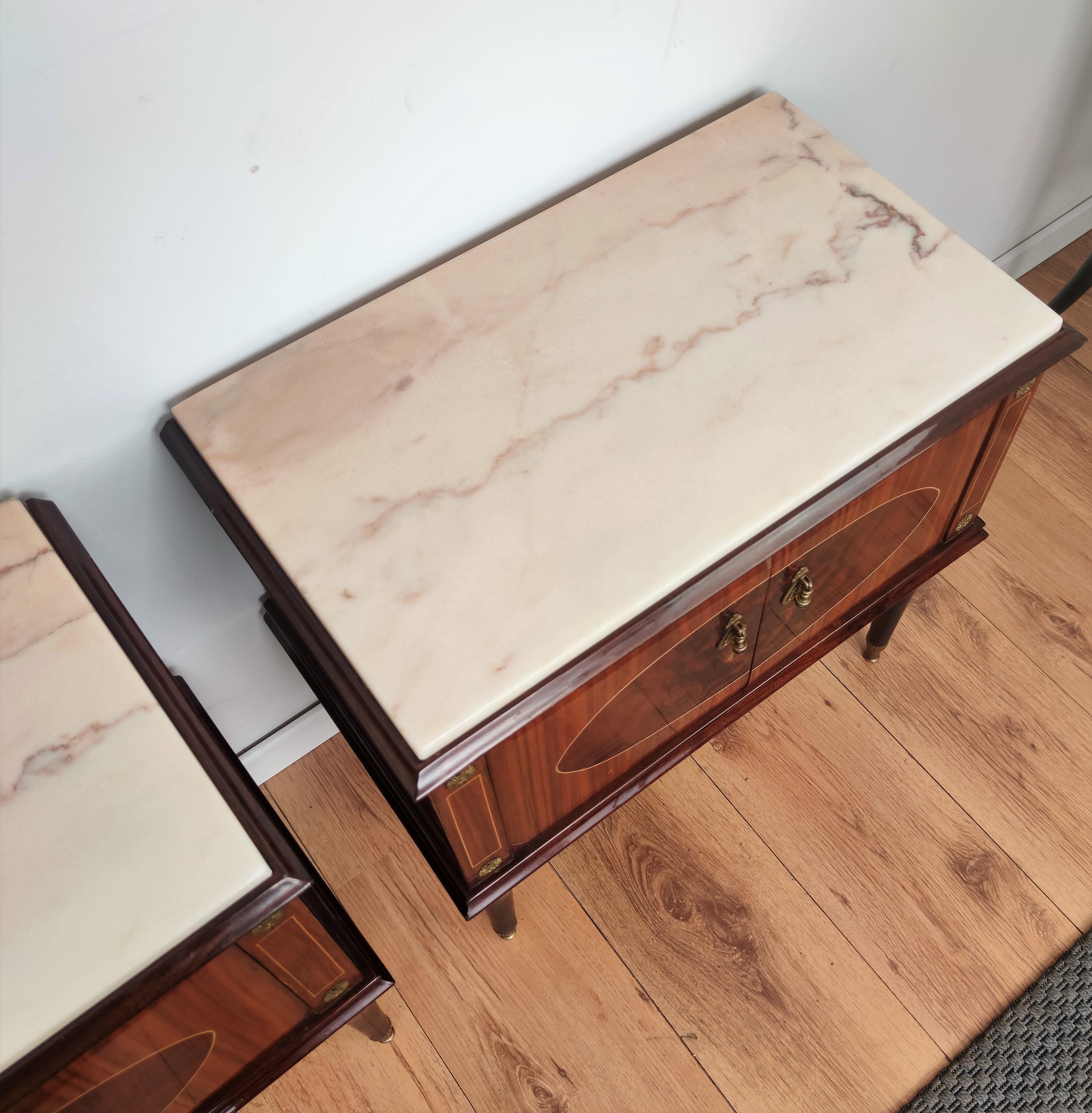 20th Century Pair of Italian Midcentury Art Deco Nightstands Bedside Tables Walnut Marble Top