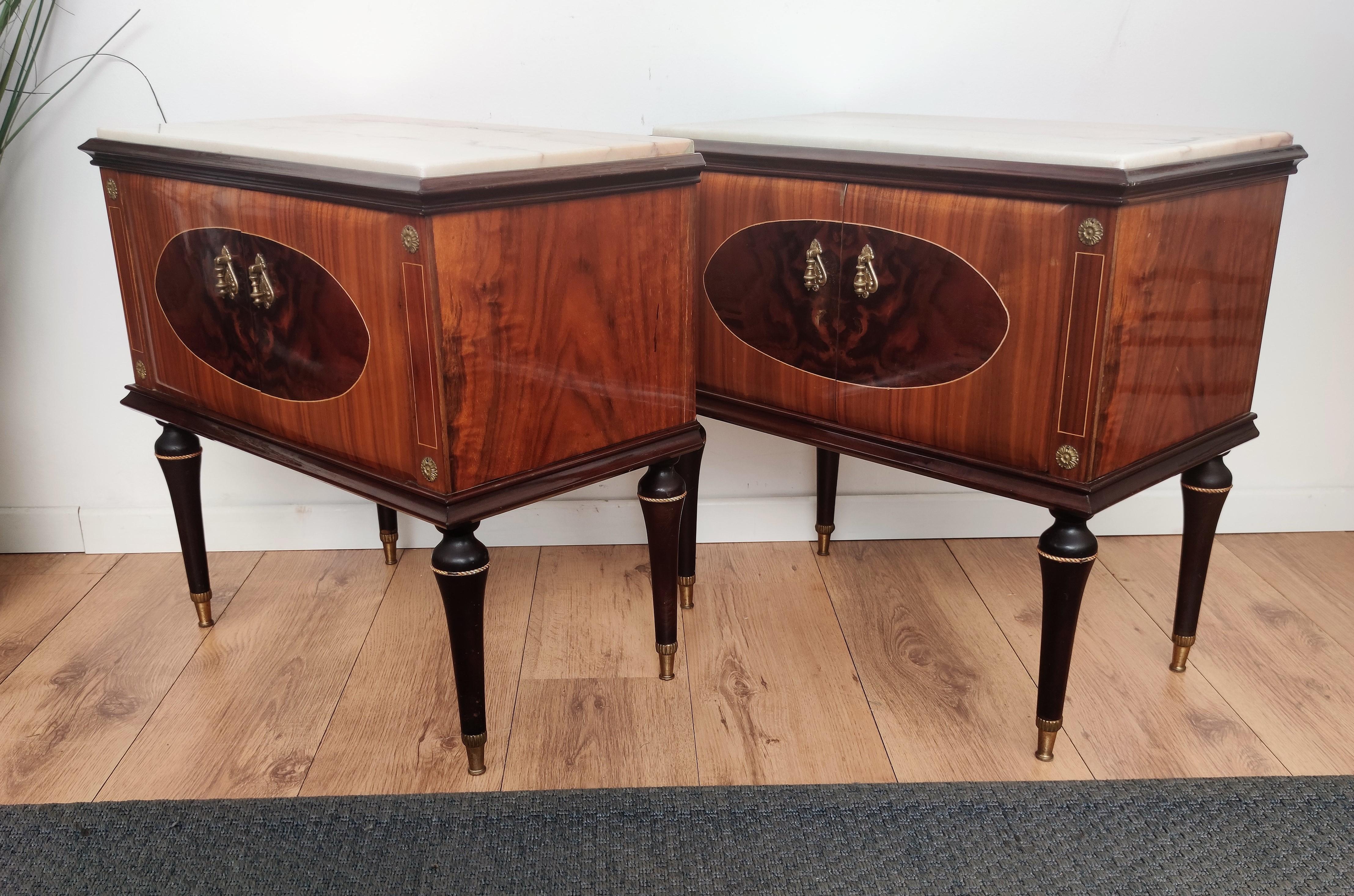 Pair of Italian Midcentury Art Deco Nightstands Bedside Tables Walnut Marble Top 1