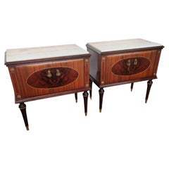 Pair of Italian Midcentury Art Deco Nightstands Bedside Tables Walnut Marble Top