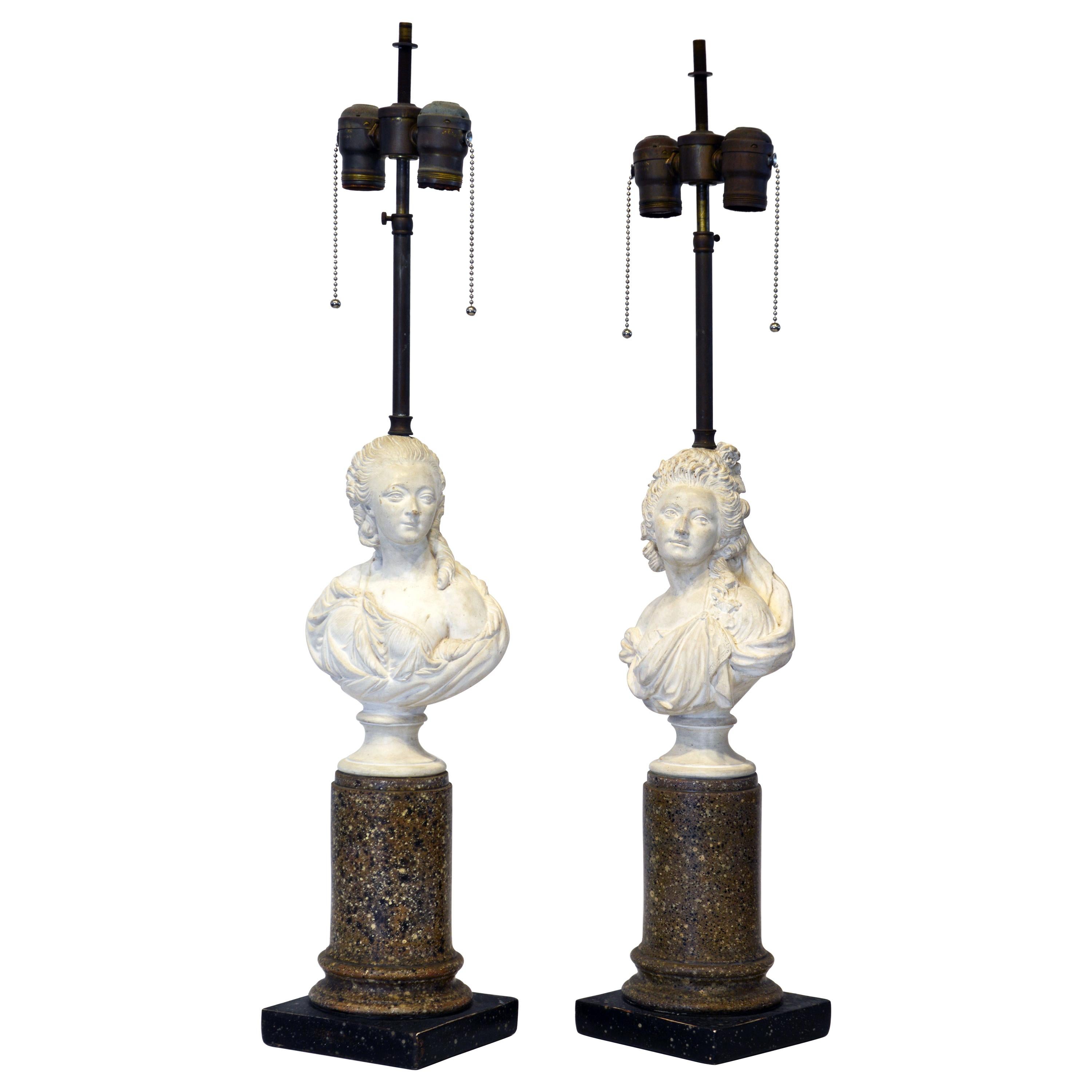 Pair of Italian Midcentury Borghese Column and Bust Table Lamps