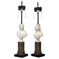 Vintage Pair of Italian Midcentury Borghese Column and Bust Table Lamps